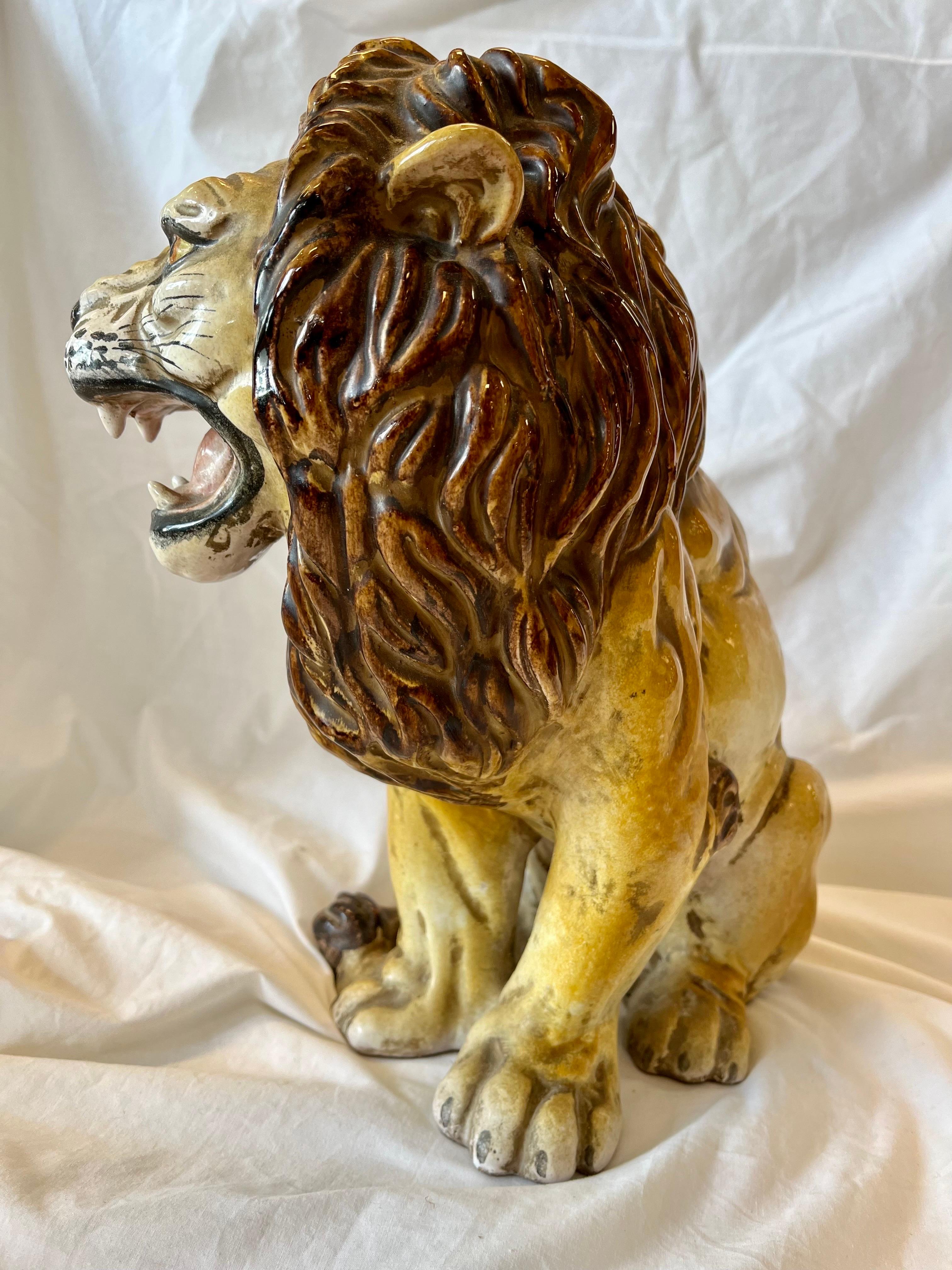 20th Century Italian Majolica Midcentury Terracotta Glazed Roaring Seated Lion Sculpture For Sale