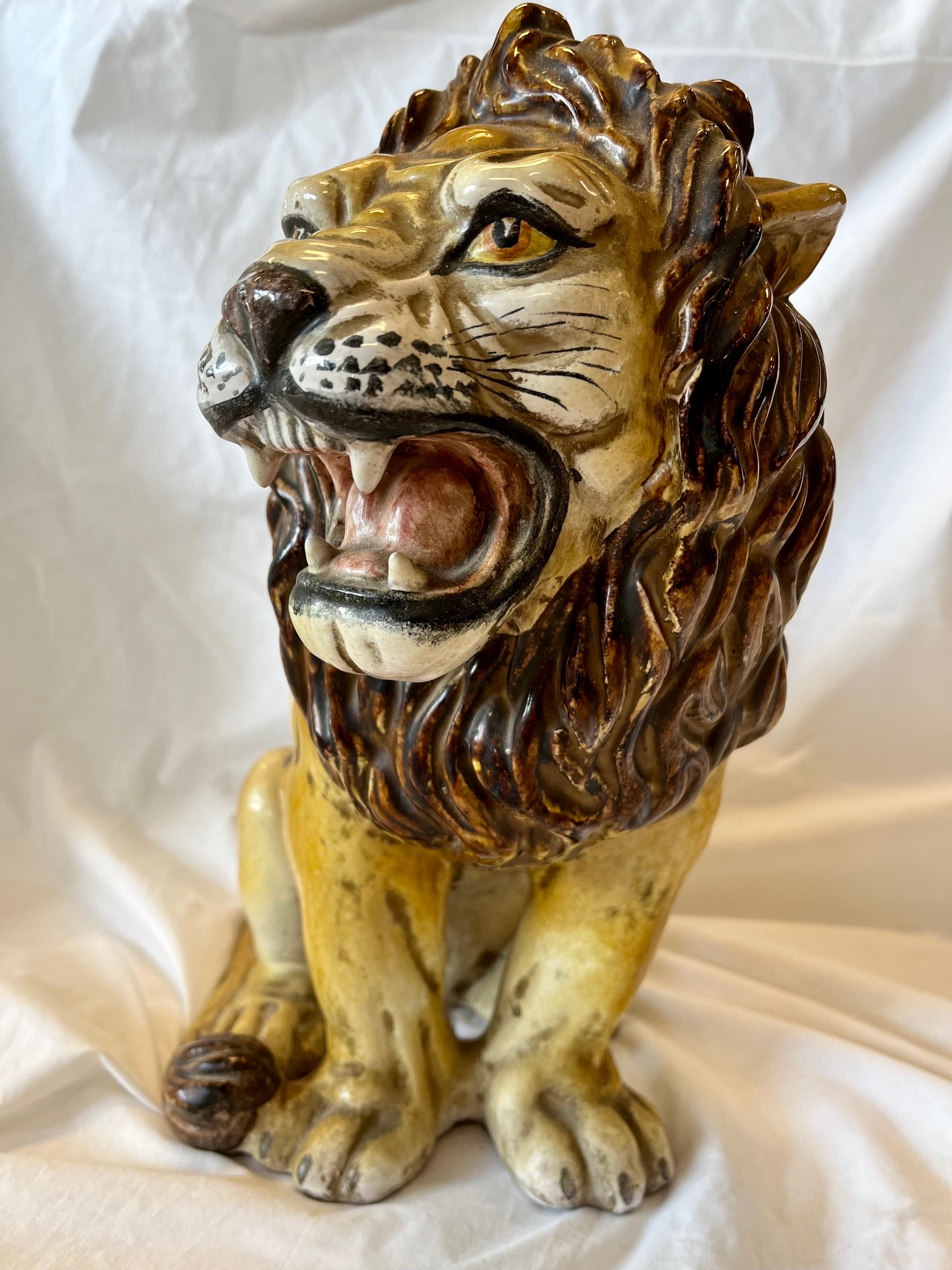 Ceramic Italian Majolica Midcentury Terracotta Glazed Roaring Seated Lion Sculpture For Sale