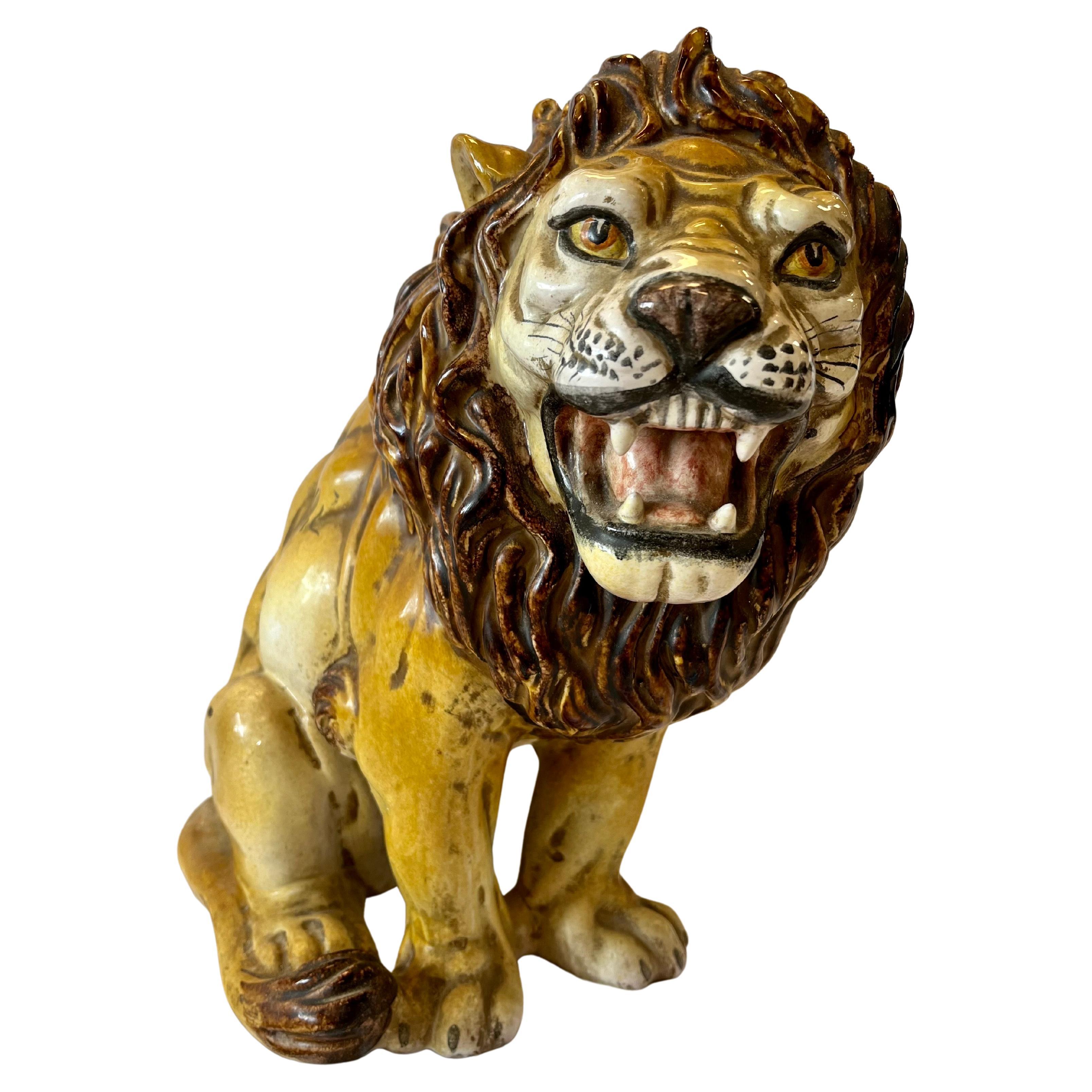 Italian Majolica Midcentury Terracotta Glazed Roaring Seated Lion Sculpture For Sale