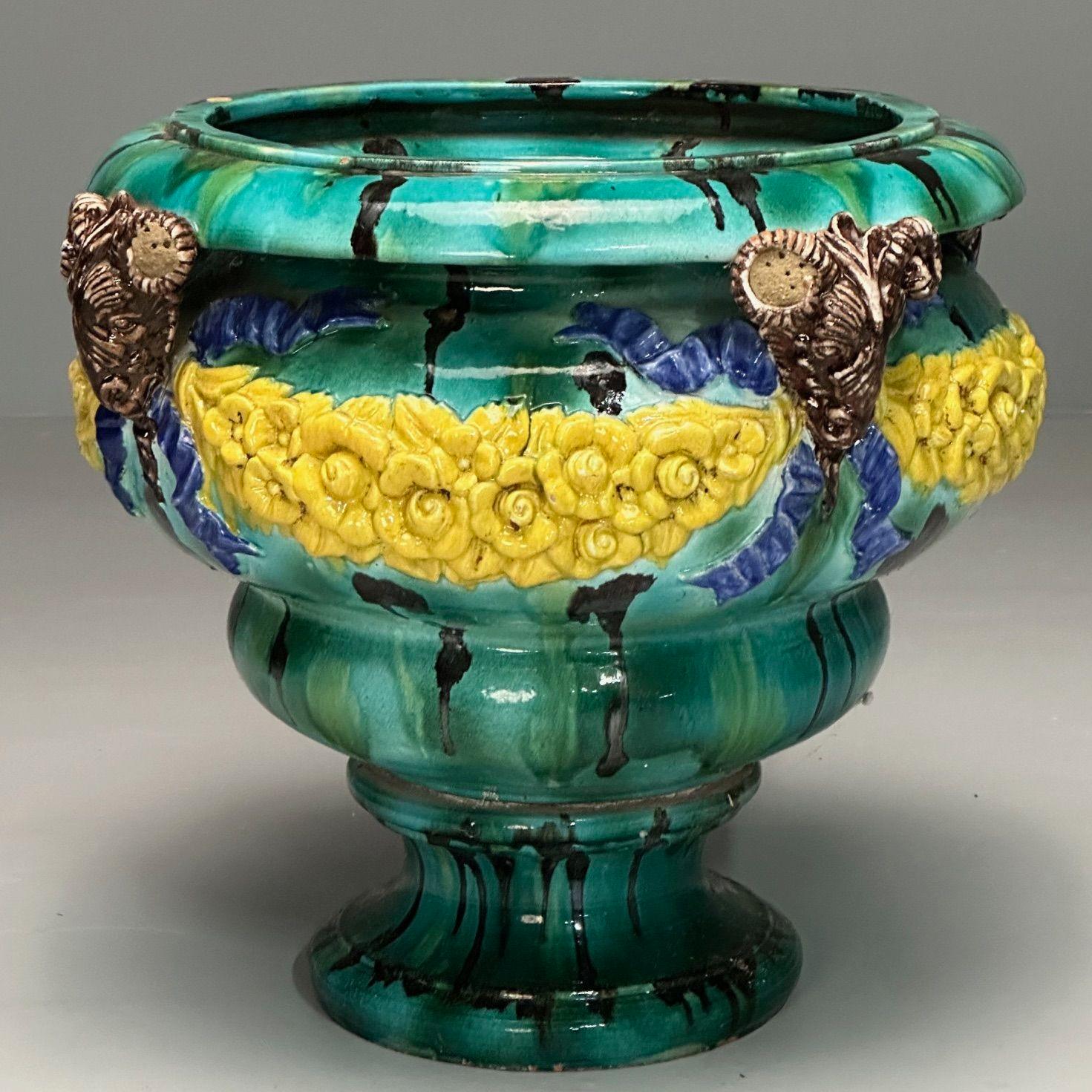 Italian, Majolica, Modern, Palatial Jardinière or Planter, Outdoor, Italy, 1930s

An enormous terracotta and porcelain oversized Jardiniere or Planter of vibrant colorful design. The whole having yellow roses flanked by blue ribbon design and large