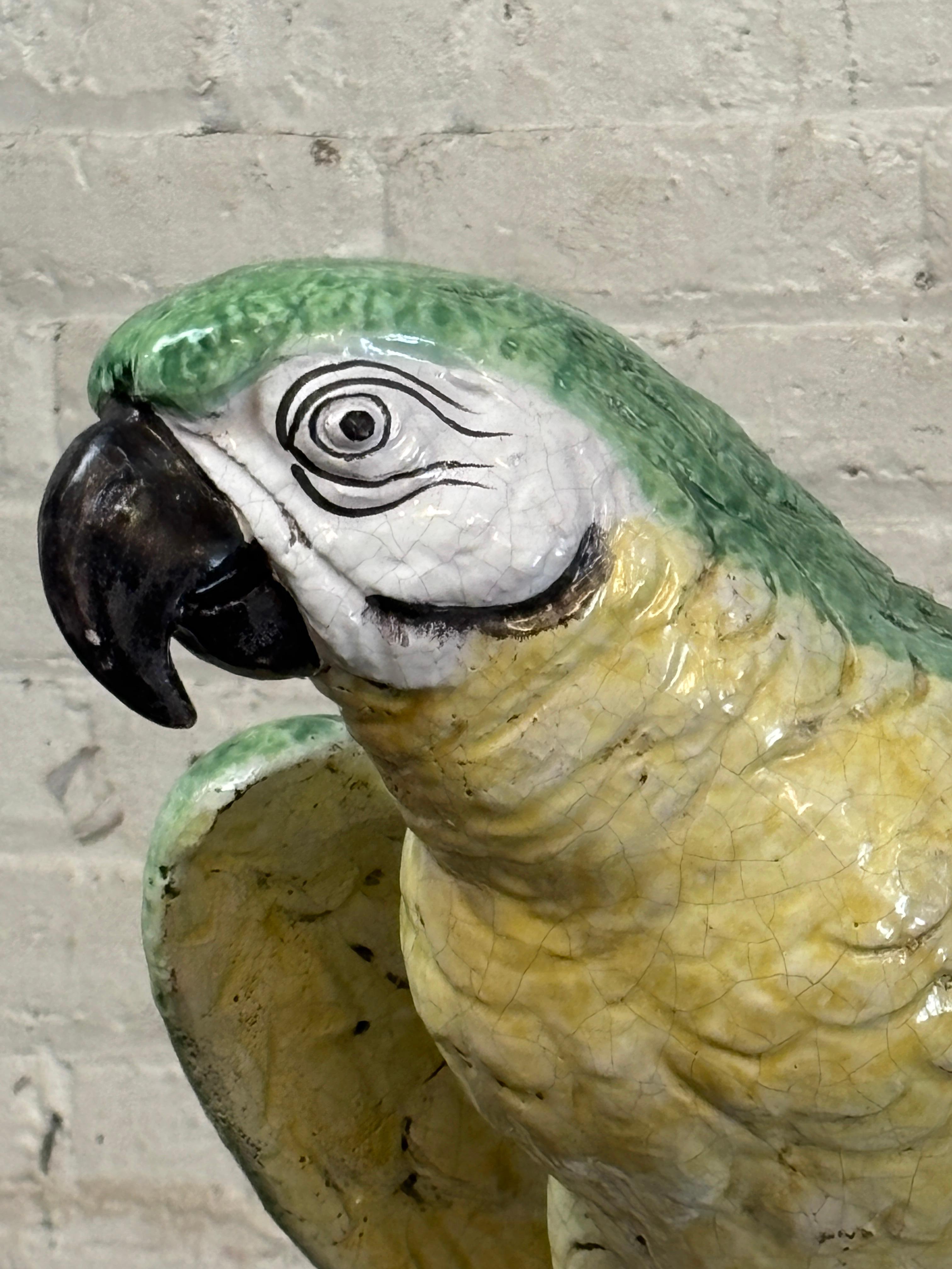 Pájaro guacamayo de cerámica esculpida, bellamente detallado, posado en una rama con flores. Fabricado en Italia con cerámica esmaltada de mayólica.
Por favor, confirme la ubicación NY o NJ