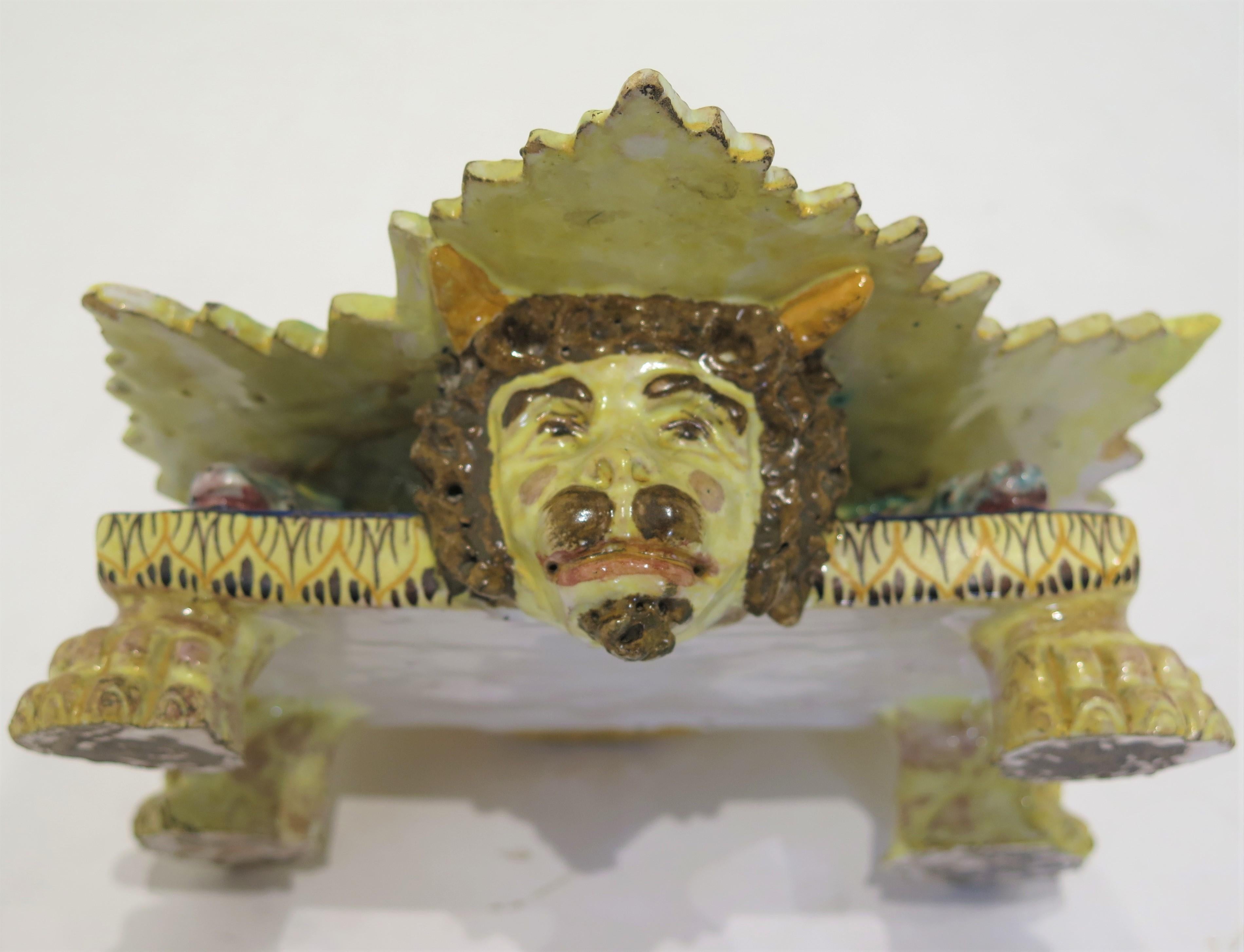 Italian majolica Palissy type pottery inkstand in the form of a leaf with fruit, burds and lizard on animal paw feet. Provenance