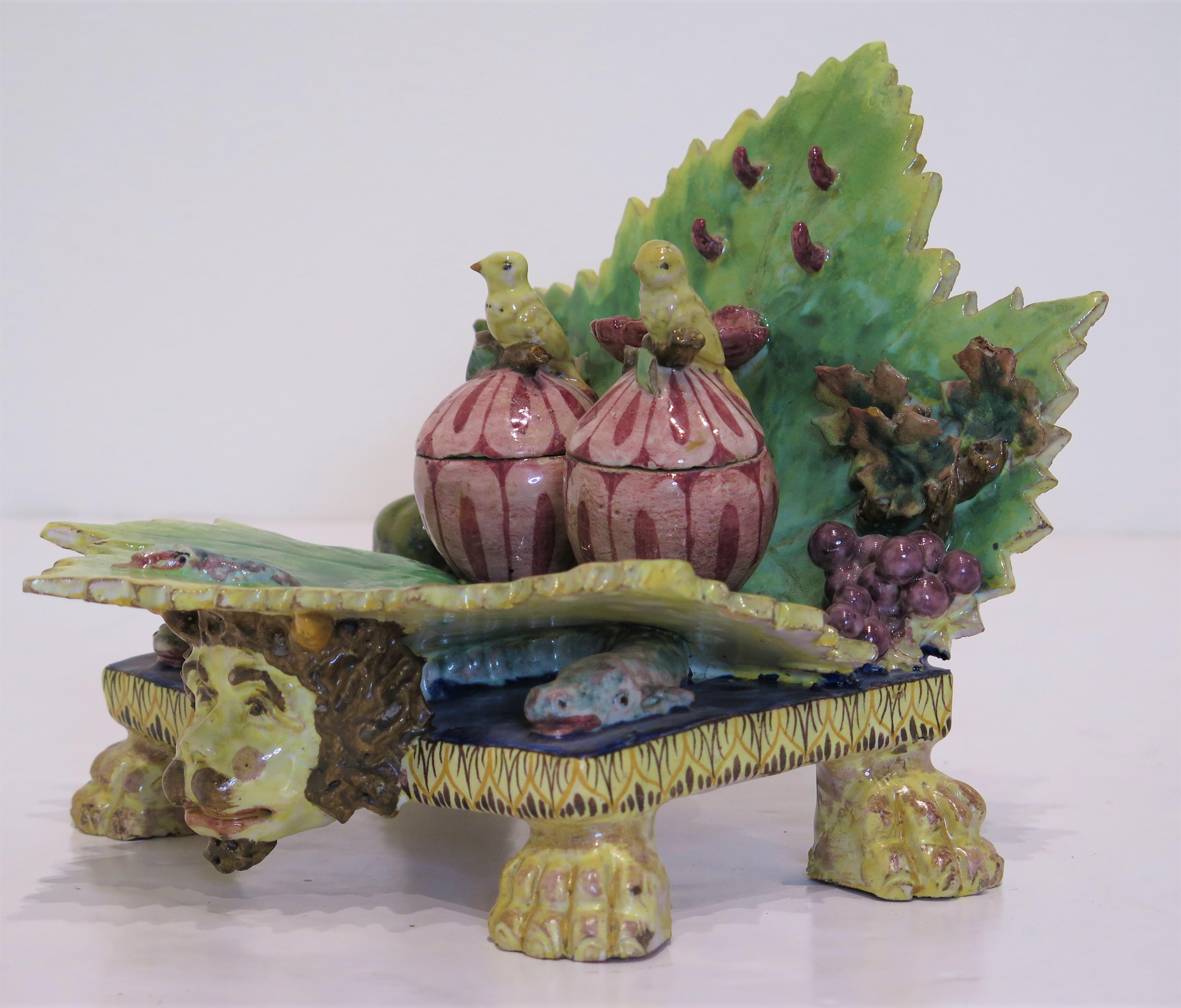 Hand-Painted Italian Majolica Palissy-Type Inkstand For Sale