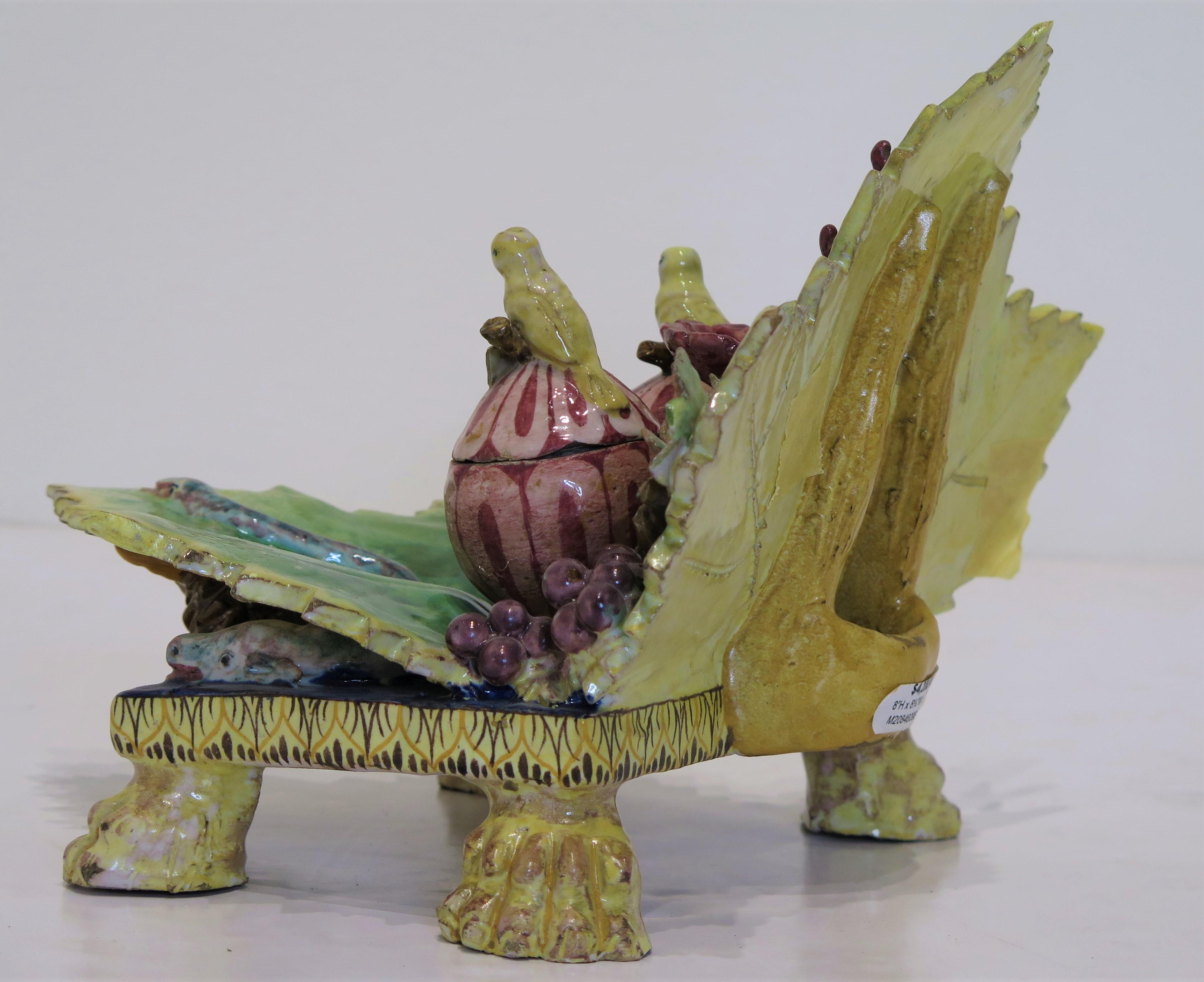 Italian Majolica Palissy-Type Inkstand In Good Condition For Sale In Dallas, TX