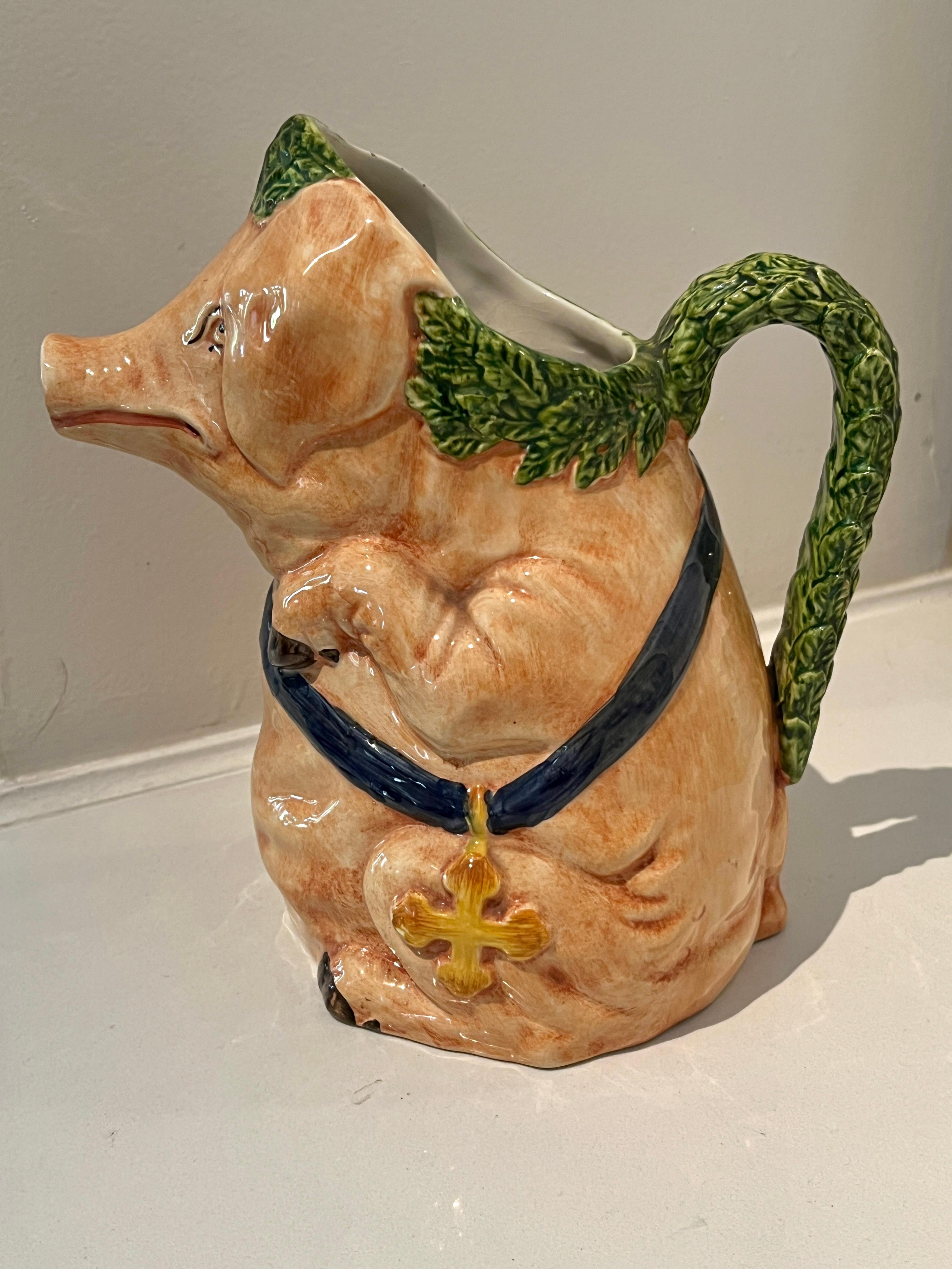 Italian Majolica Pig Pitcher Signed and Numbered In Good Condition For Sale In Los Angeles, CA