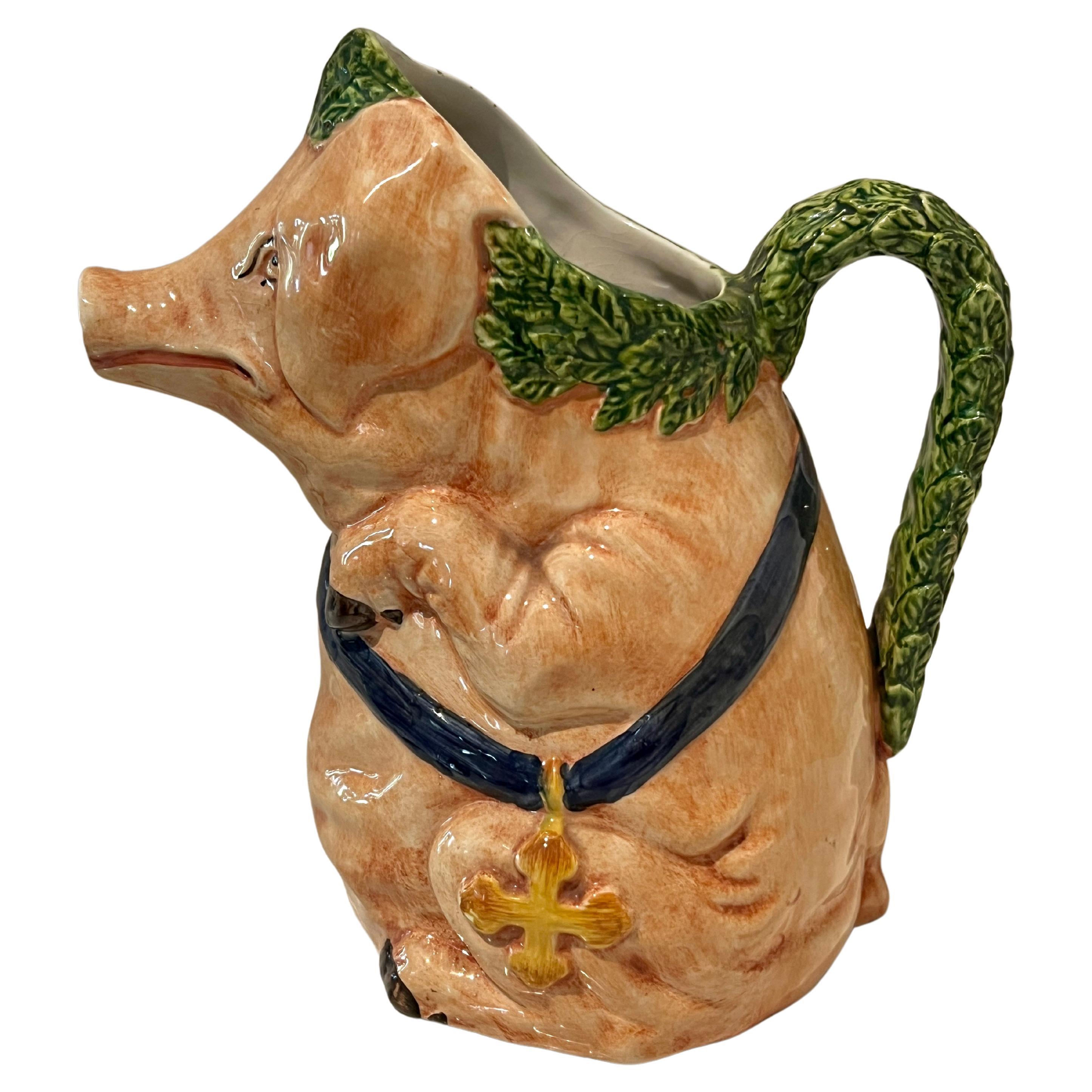 Italian Majolica Pig Pitcher Signed and Numbered For Sale