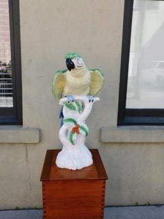 Italian Majolica Poly Chromed Glazed Parrot Perched on Foliage Stump, C. 1870