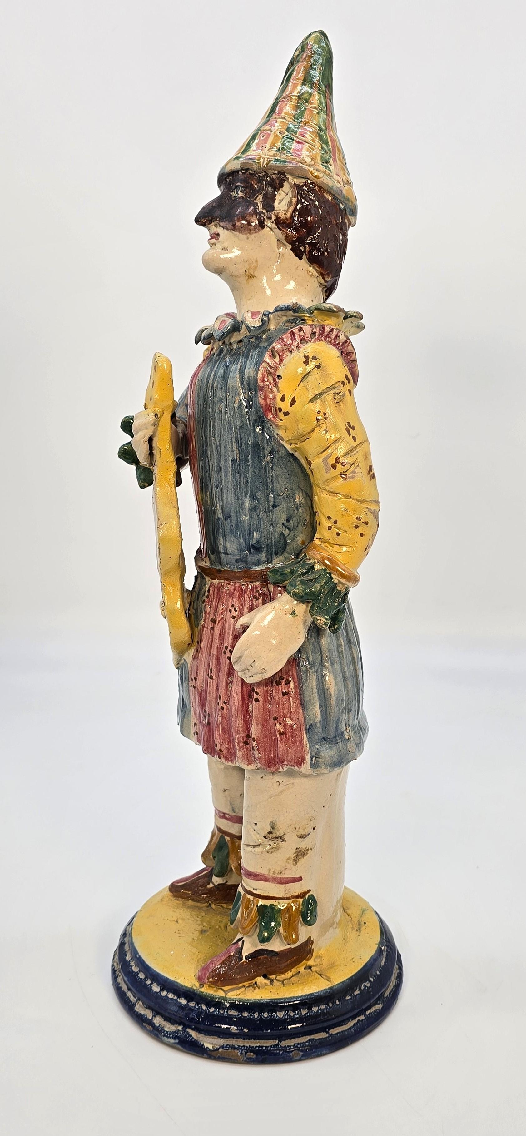 Hand-Crafted Italian majolica pottery figure of traditional Pulcinella, hand modelled in clay For Sale