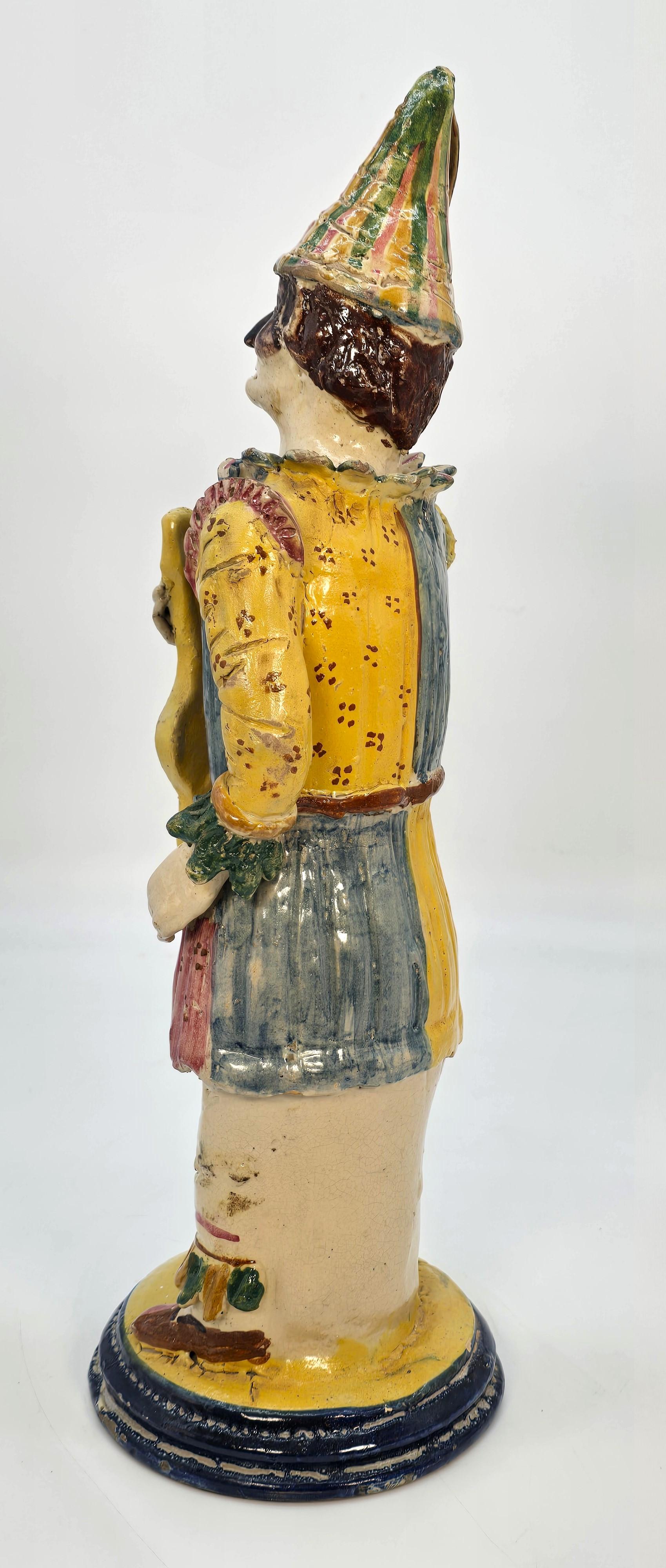 Italian majolica pottery figure of traditional Pulcinella, hand modelled in clay In Good Condition For Sale In Central England, GB