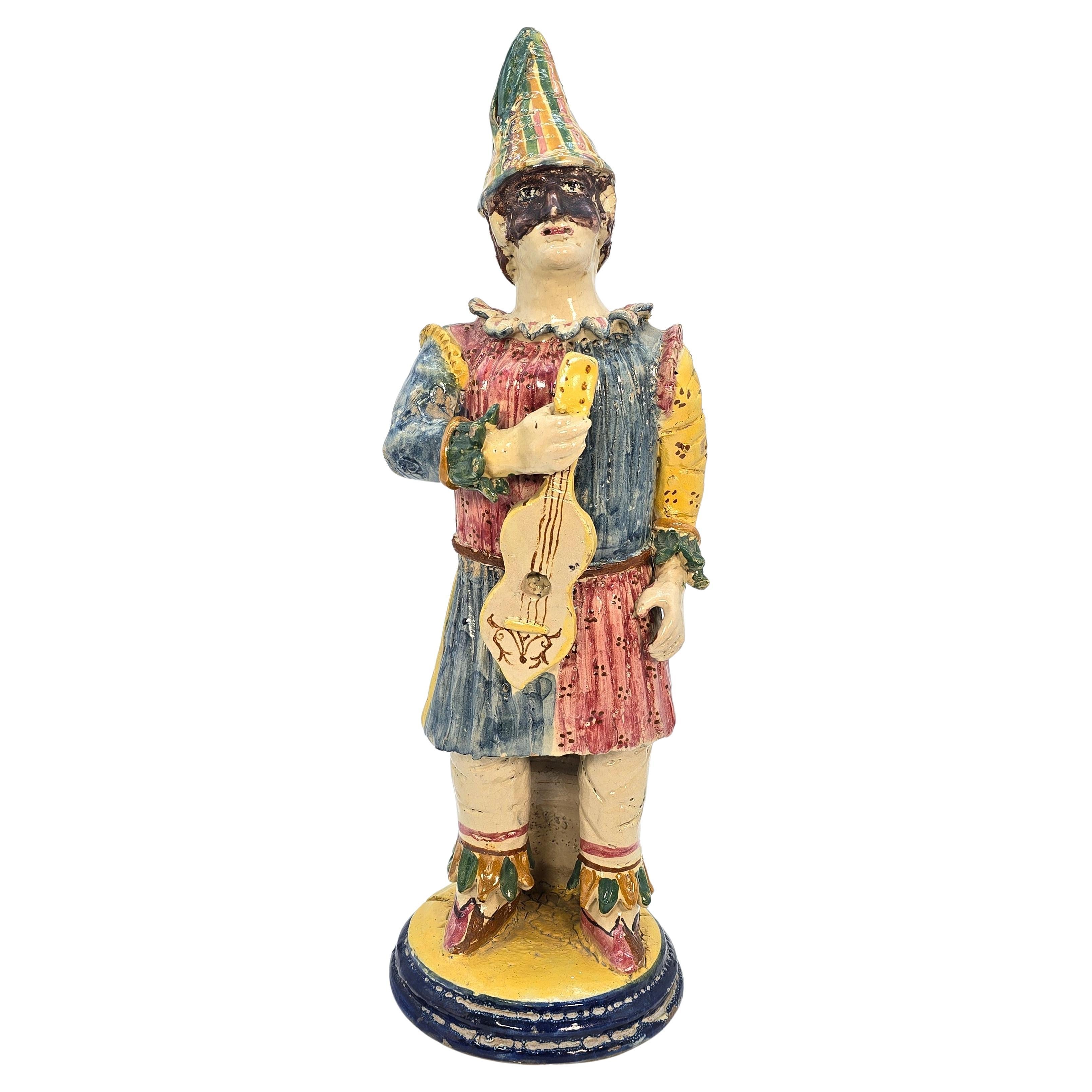 Italian majolica pottery figure of traditional Pulcinella, hand modelled in clay For Sale
