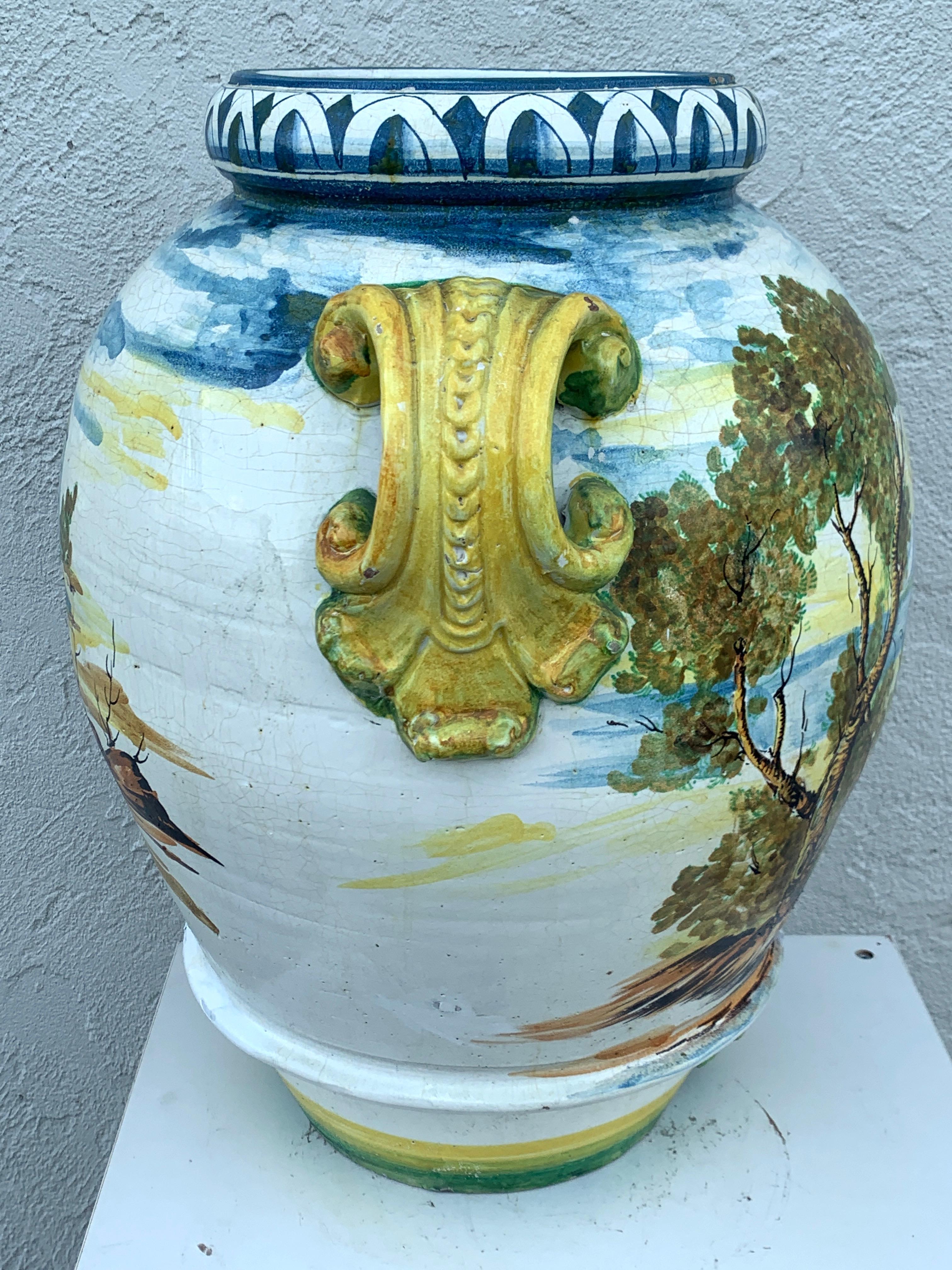 20th Century Italian Majolica Scenic Olive Oil Jar/ Jardinière, Provenance Celine Dion