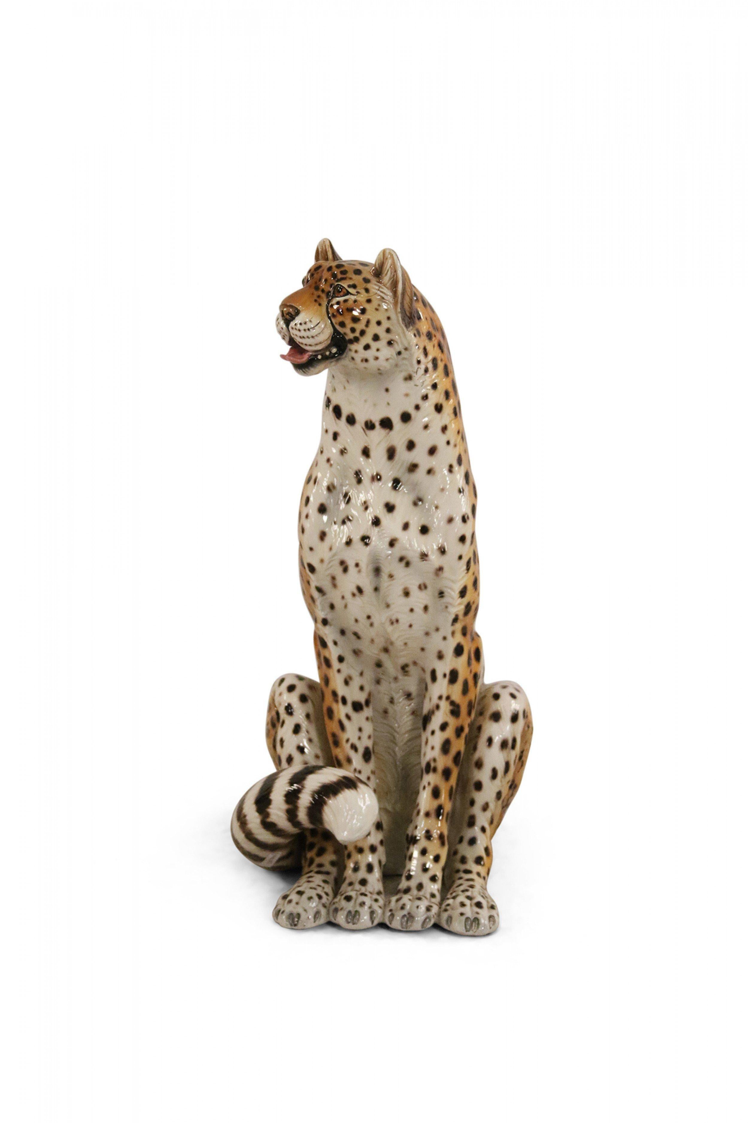 Italian Majolica Seated Leopard Statue In Good Condition In New York, NY