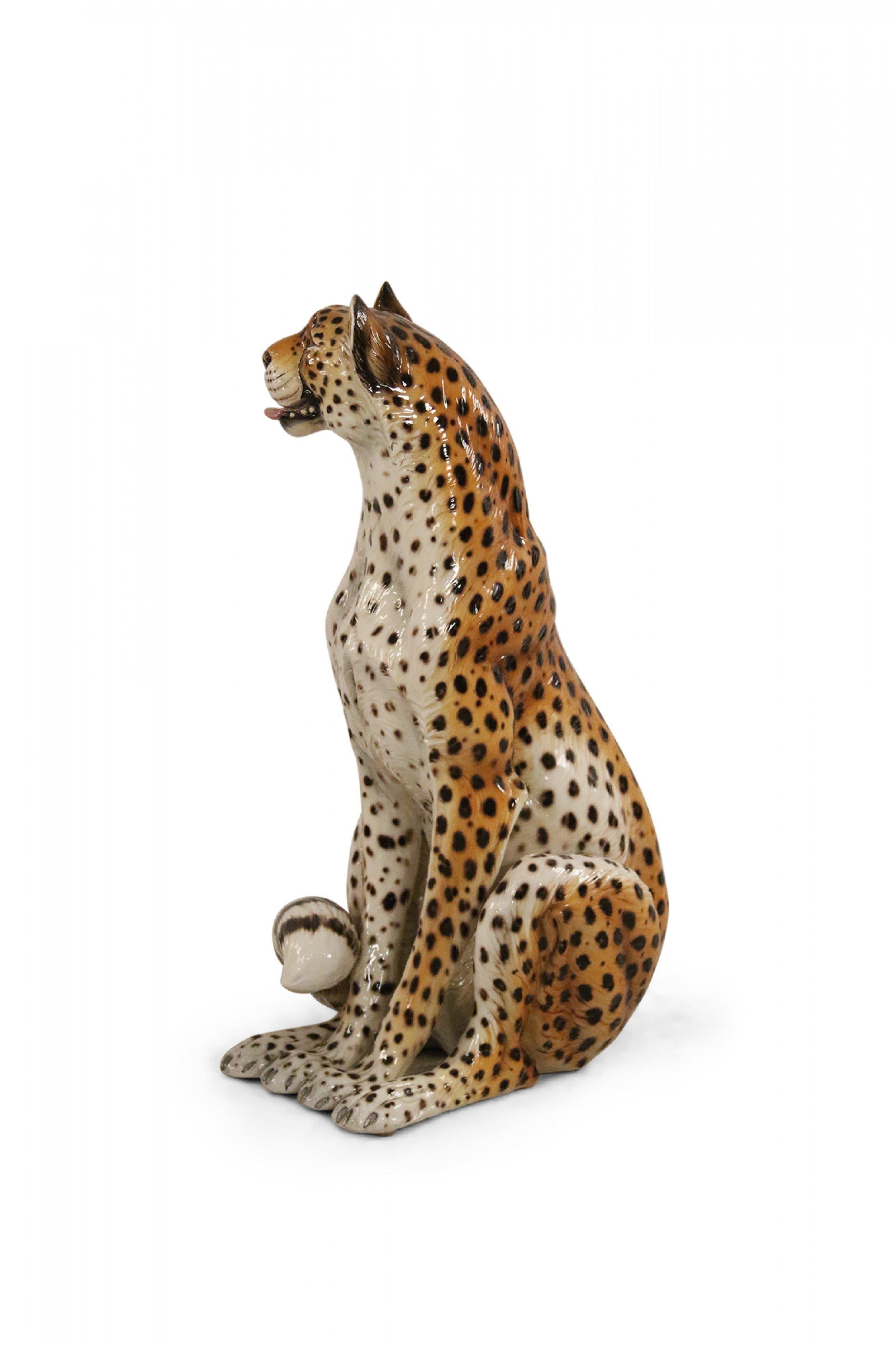 20th Century Italian Majolica Seated Leopard Statue