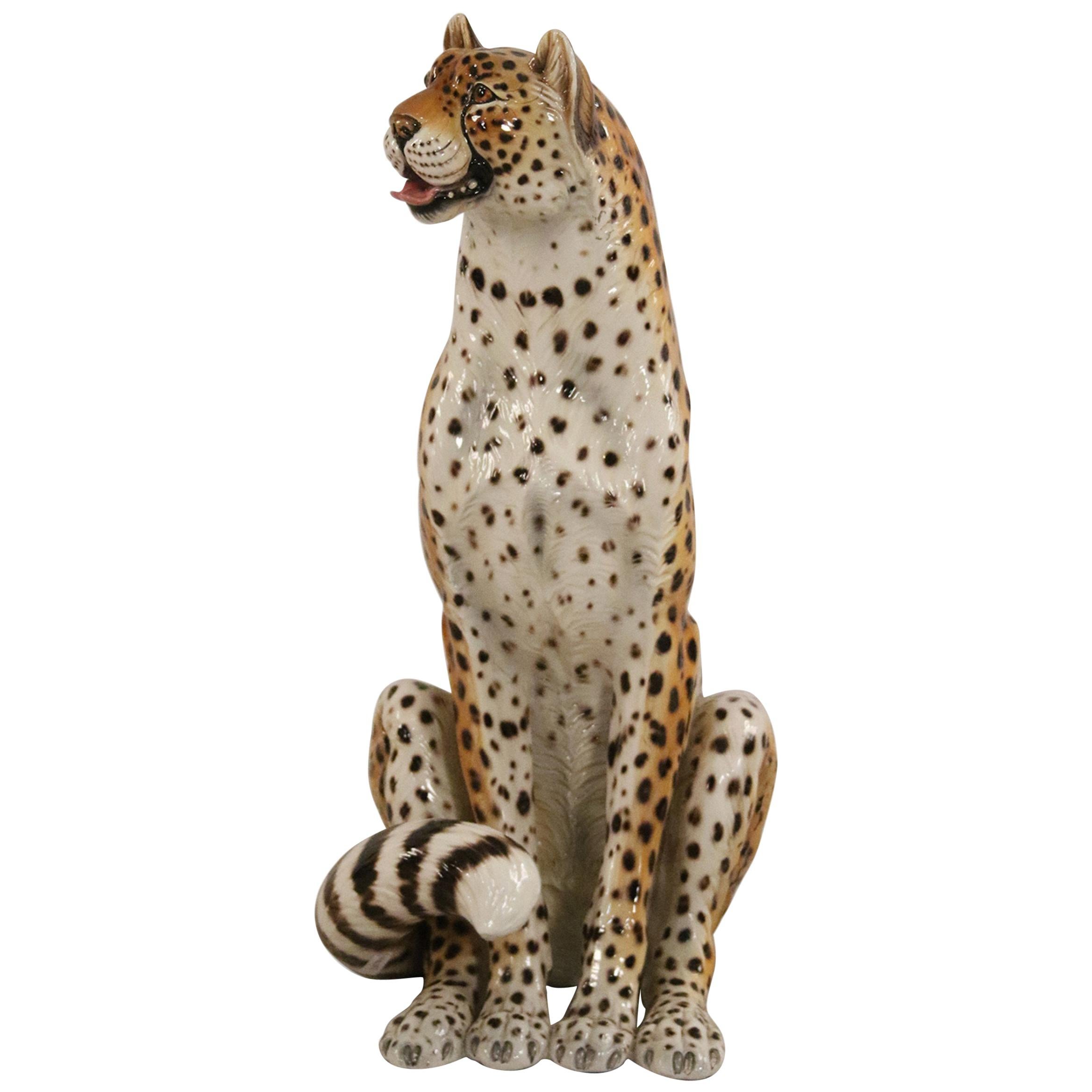 Italian Majolica Seated Leopard Statue
