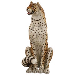 Vintage Italian Majolica Seated Leopard Statue