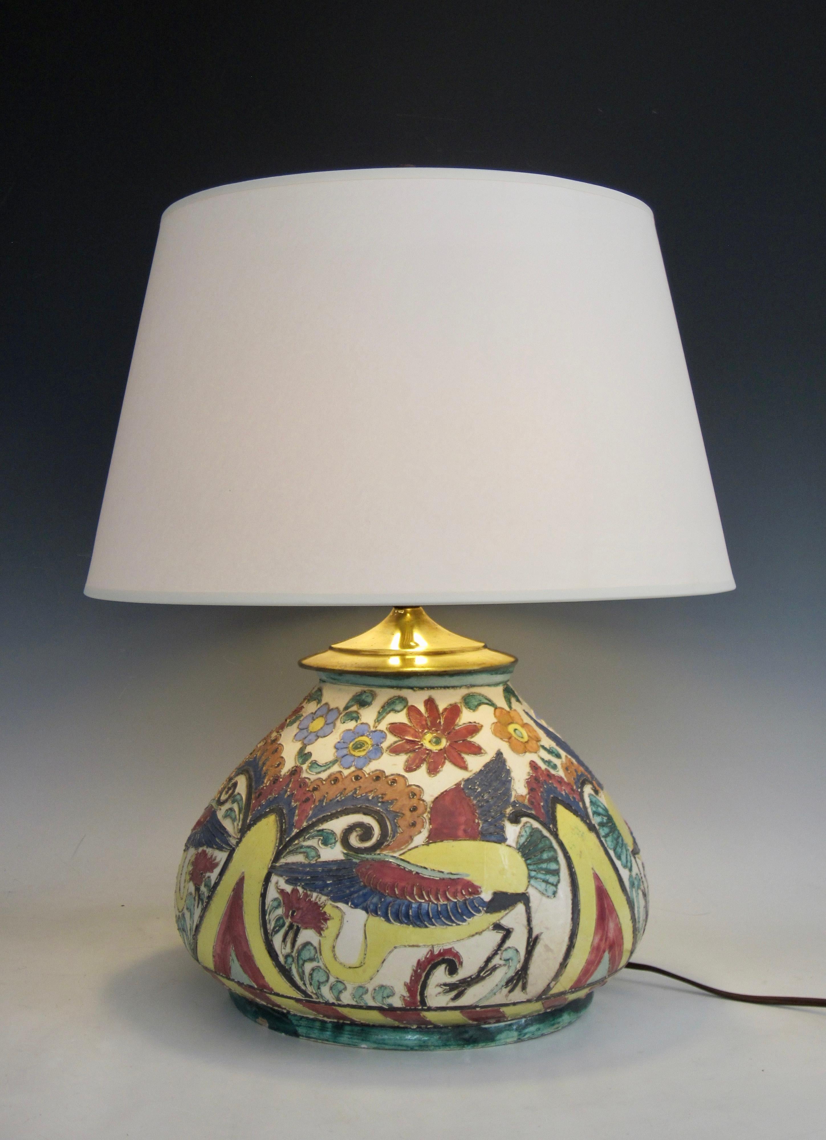 Renaissance Revival Italian Majolica Sgrafitto Lamp with Brass Hardware