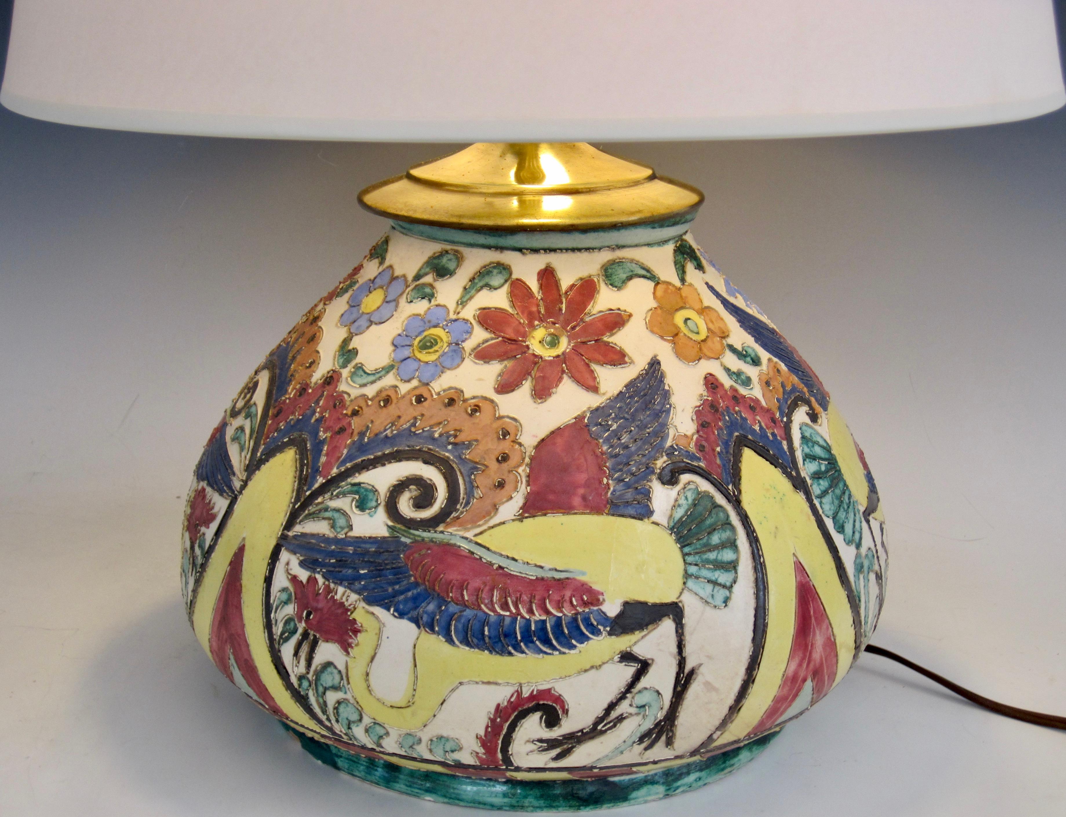 Italian Majolica Sgrafitto Lamp with Brass Hardware In Good Condition In Ferndale, MI