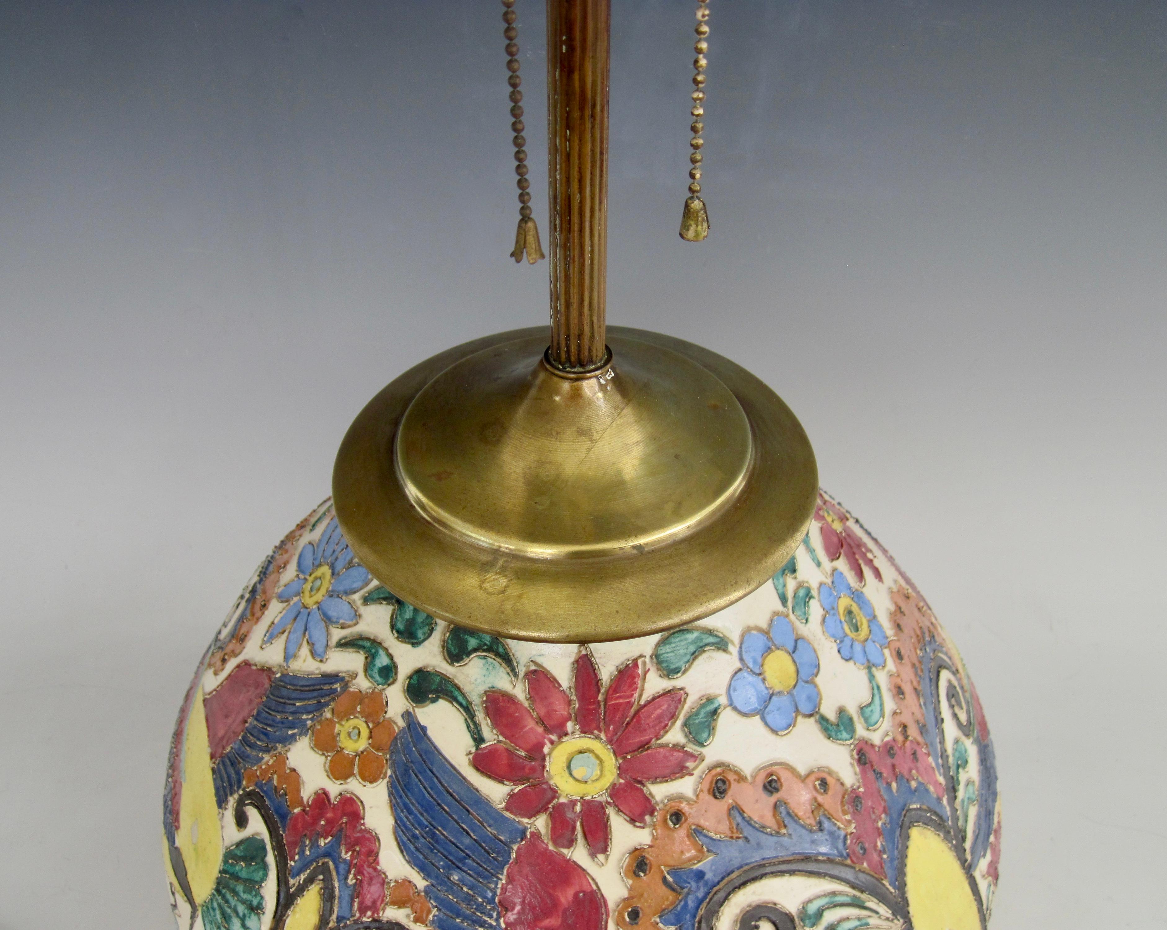 Italian Majolica Sgrafitto Lamp with Brass Hardware 1