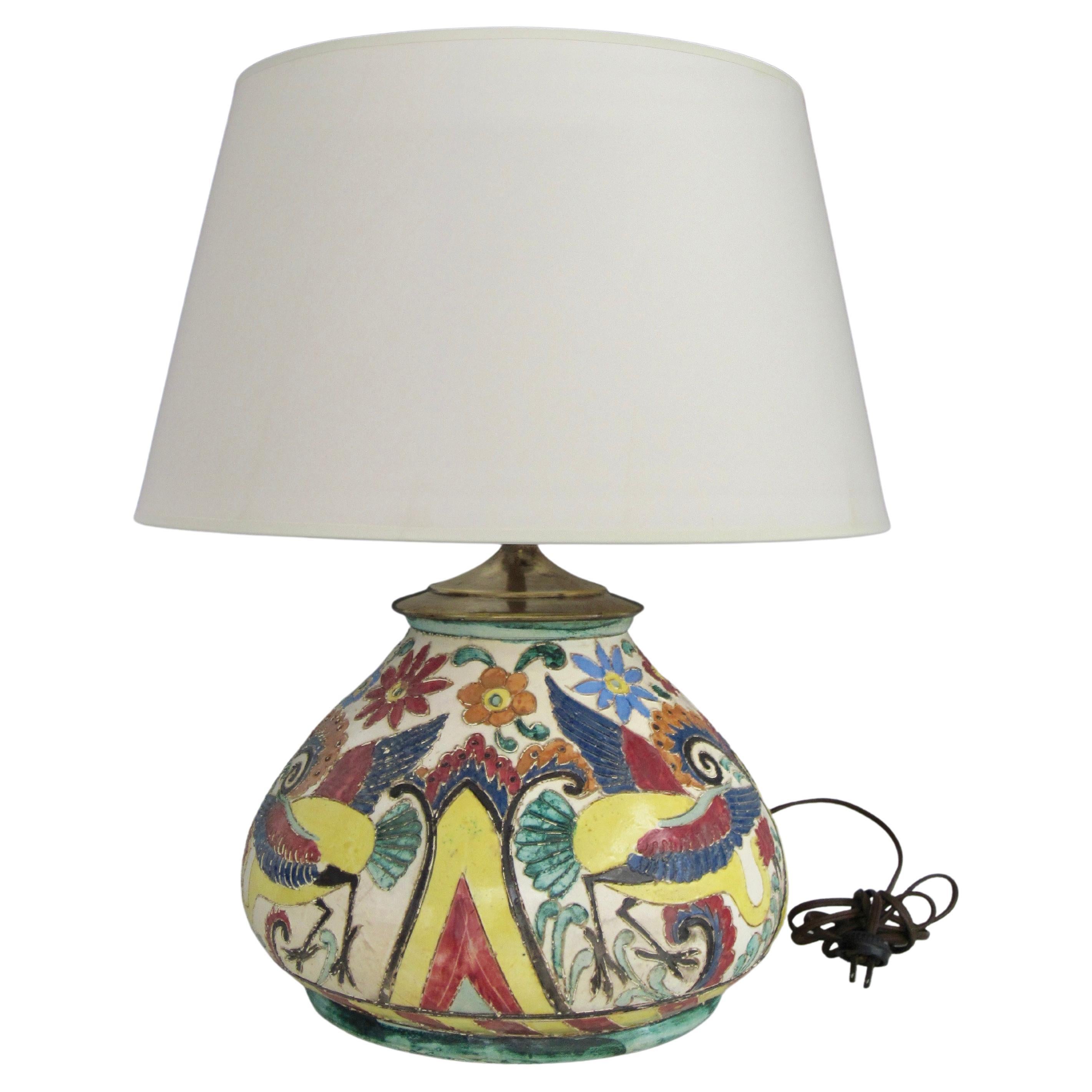 Italian Majolica Sgrafitto Lamp with Brass Hardware