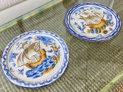 Italian Majolica Ship Wall Plates, a Pair