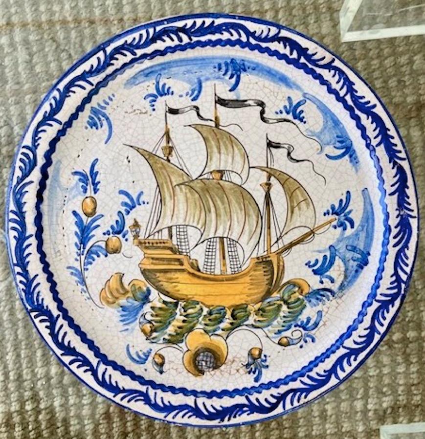 Ceramic Italian Majolica Ship Wall Plates, a Pair For Sale