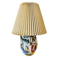 Italian Majolica Style Terracotta Roman Relief Jar Lamp With Linen Shade
