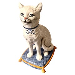 Italian Majolica Terracotta Cat Figure Sitting on a Pillow