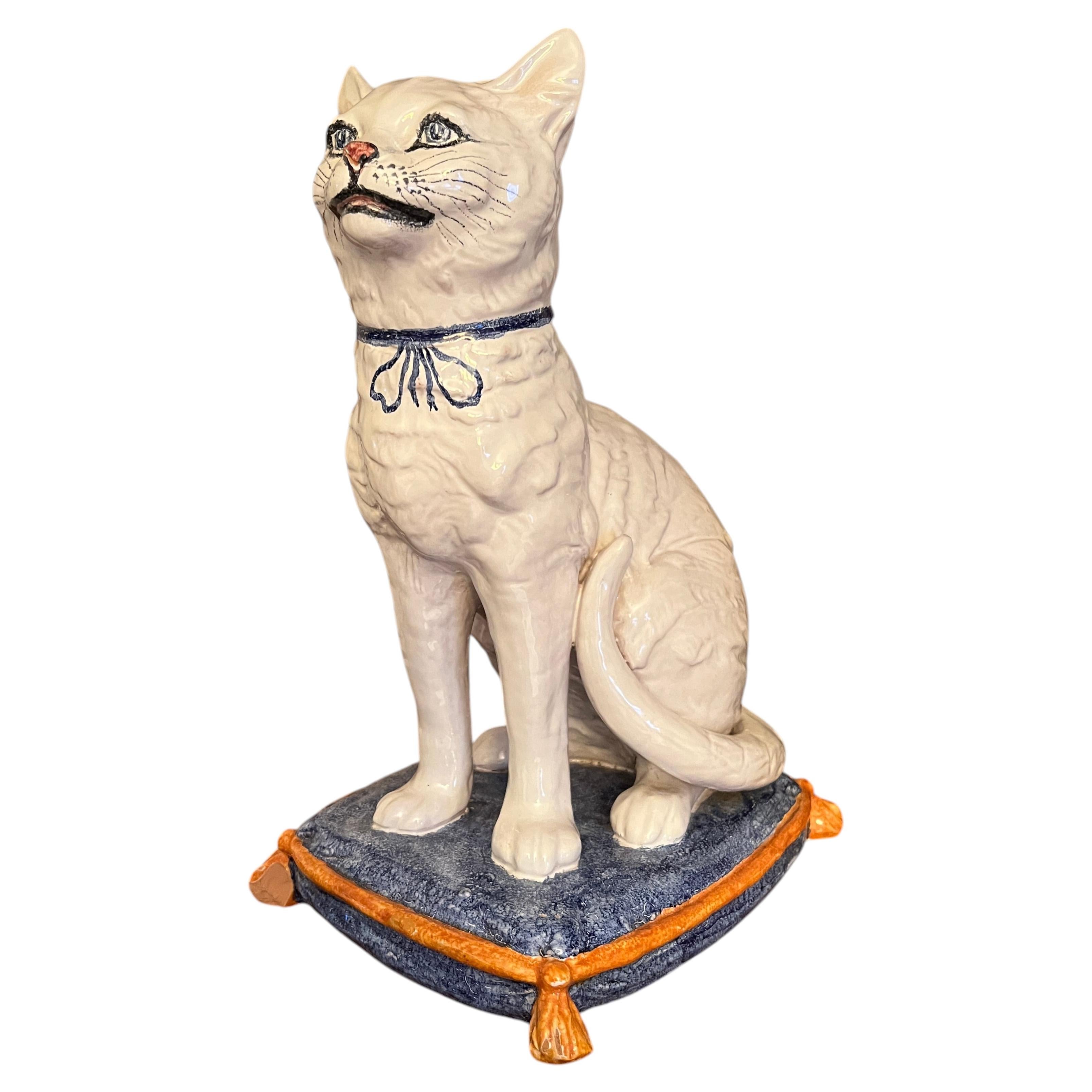 Italian Majolica Terracotta Cat Figure Sitting on a Pillow