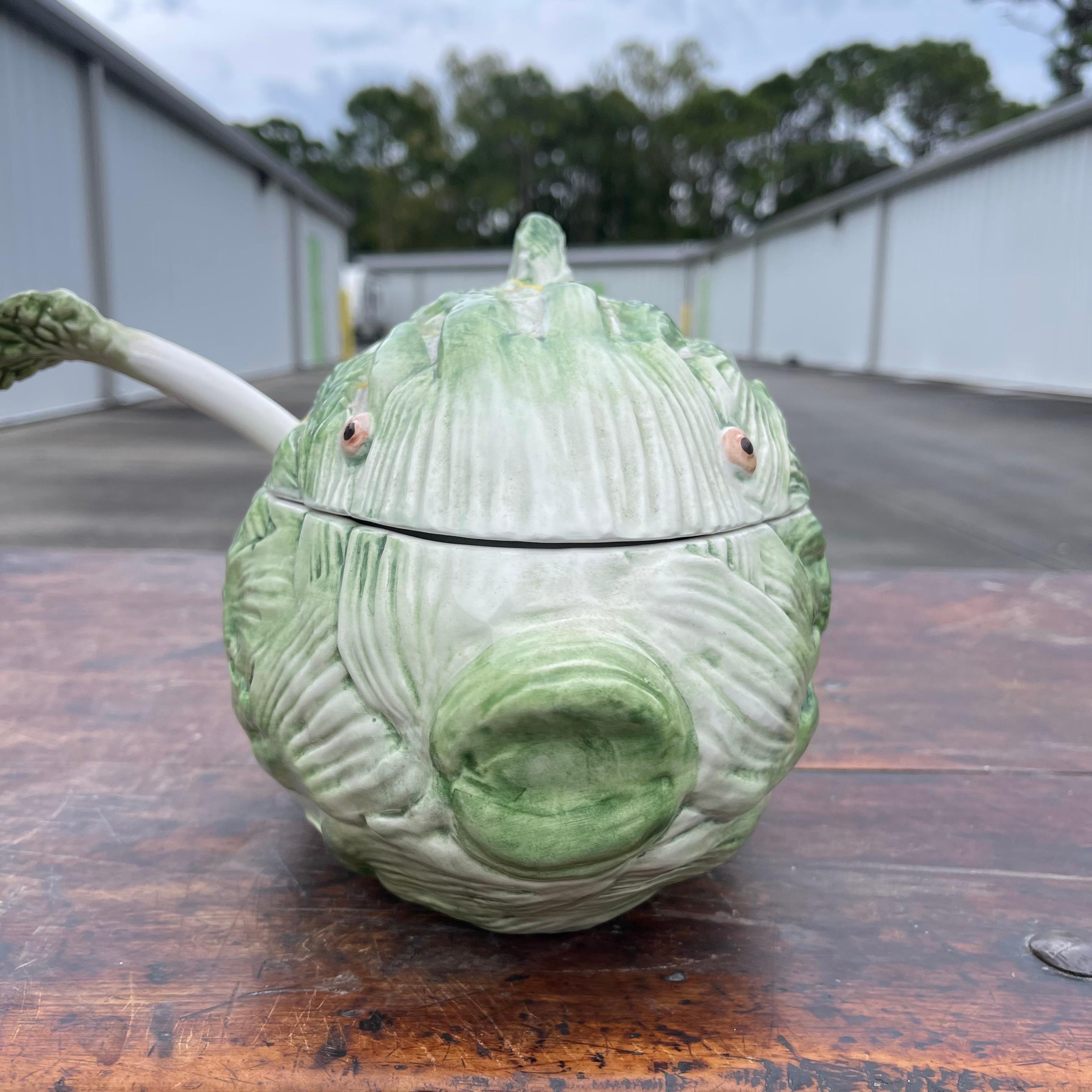 Italian Majolica Vegetable Fish Form Glazed Ceramic Soup Tureen In Good Condition For Sale In Jensen Beach, FL