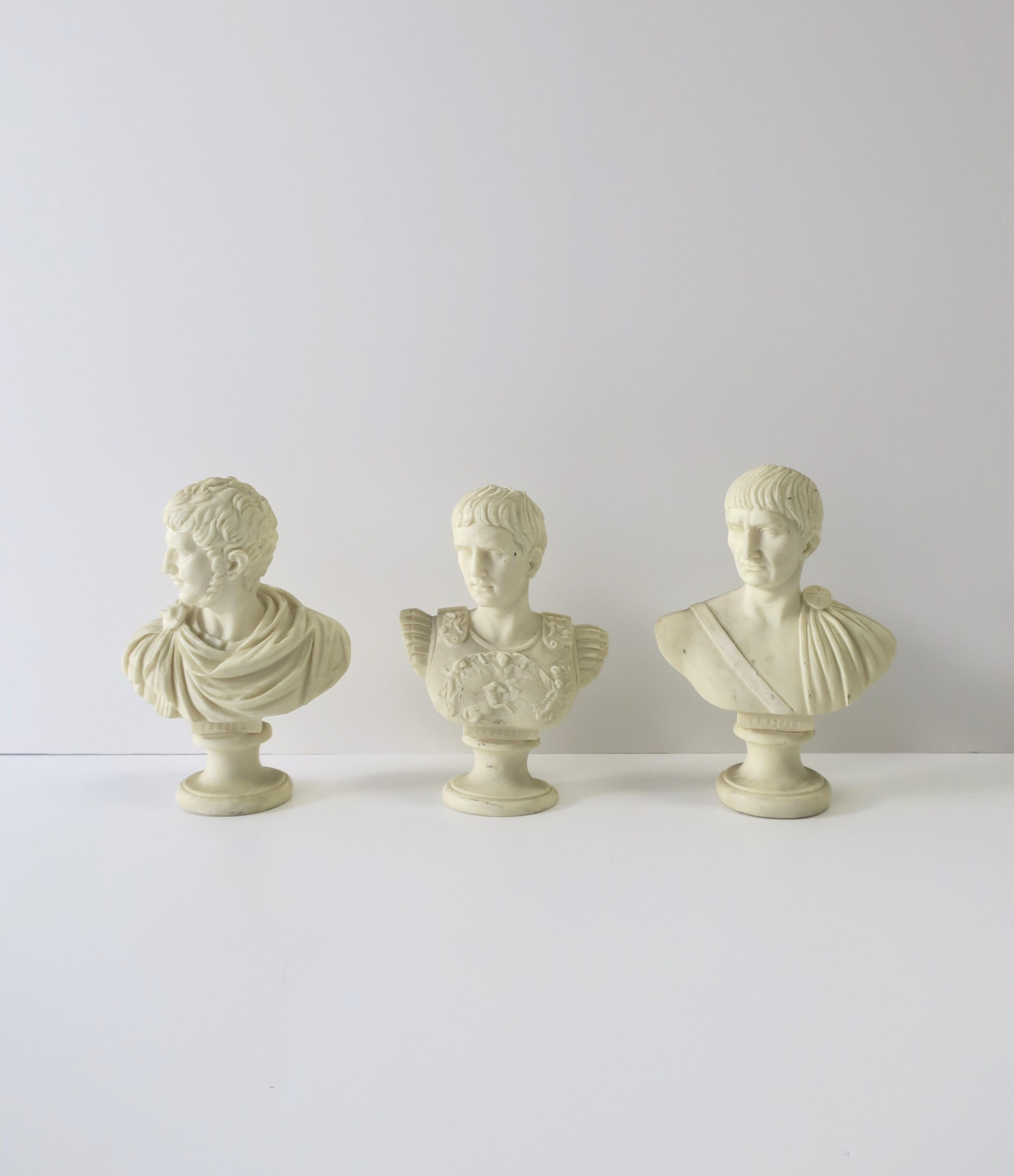 A set of three (3) Italian male sculpture busts by R. Santini, in the classical Roman design style, circa mid-20th century, Italy. This set of busts could be used for a library, office, etc., on a shelf, table, etc. Marked on bottom as shown in