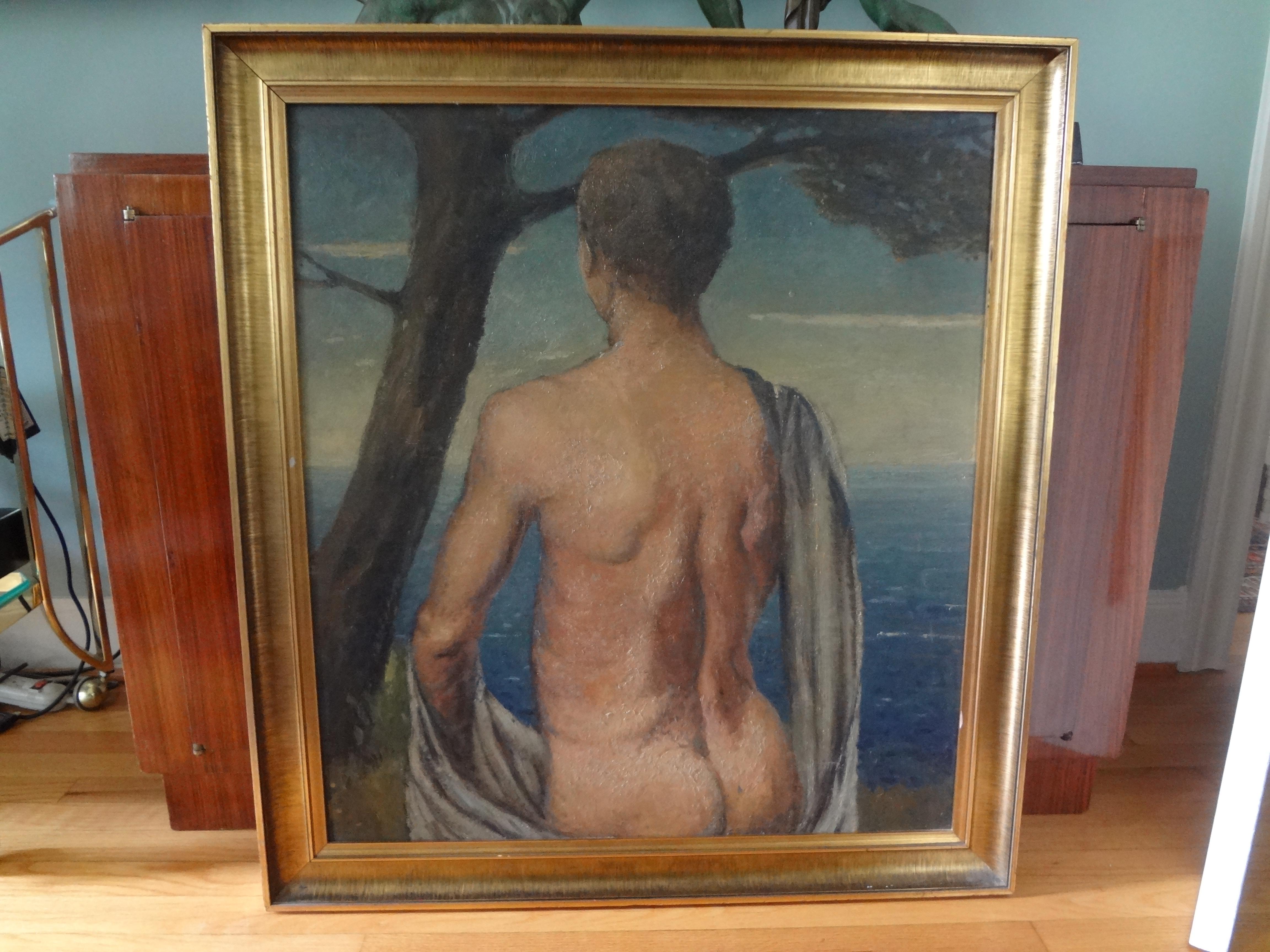 Italian male nude oil painting on wood panel, circa 1930.
Stunning and unusual framed Italian male nude oil painting on a wood panel. This Italian Art Deco oil painting dates from the 1930s. This Italian nude oil painting is well executed and in
