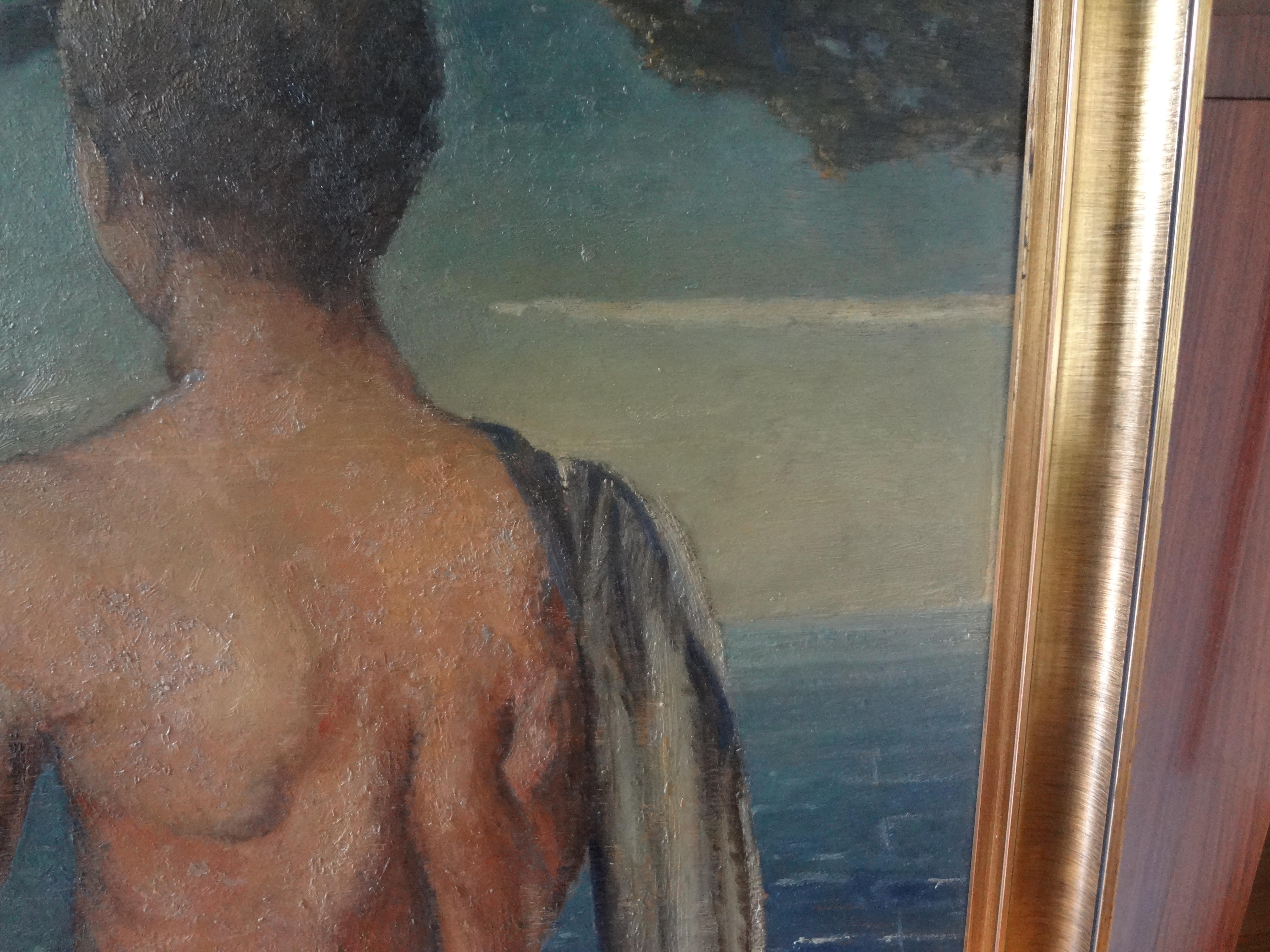 Mid-20th Century Italian Male Nude Oil Painting on Wood Panel, circa 1930 For Sale