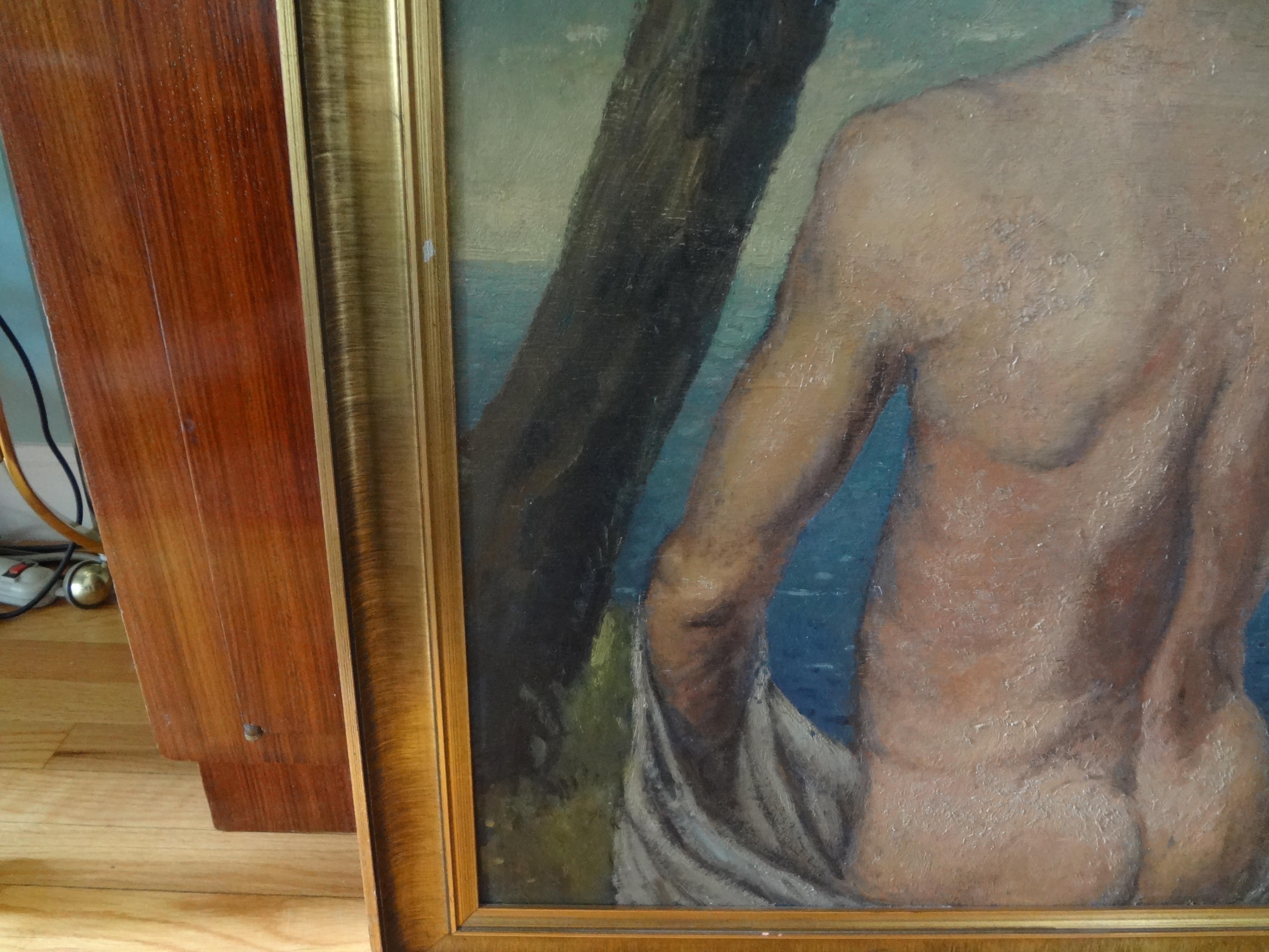 Italian Male Nude Oil Painting on Wood Panel, circa 1930 For Sale 1