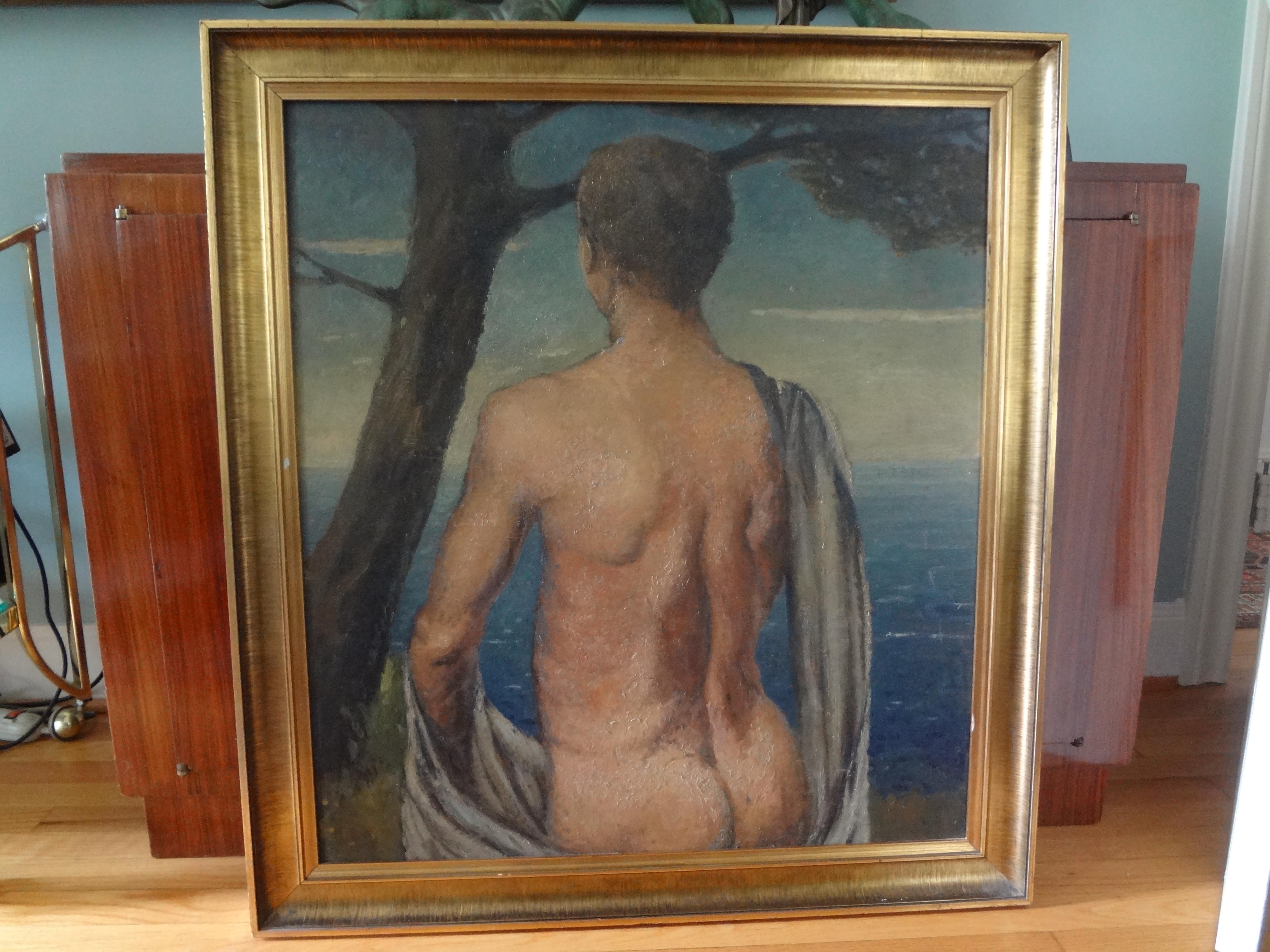 Italian Male Nude Oil Painting on Wood Panel, circa 1930 For Sale 2