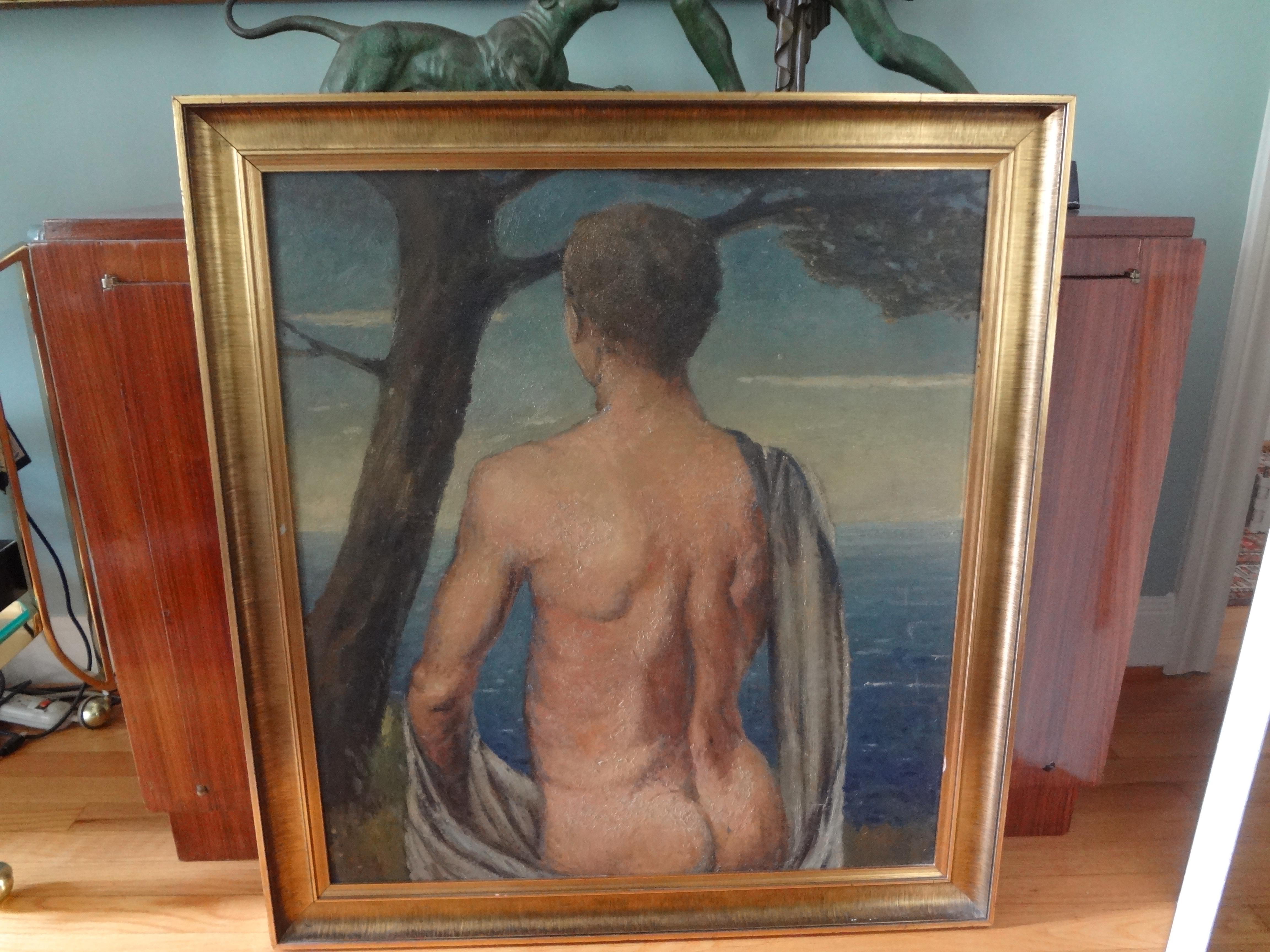 Italian Male Nude Oil Painting on Wood Panel, circa 1930 For Sale 3