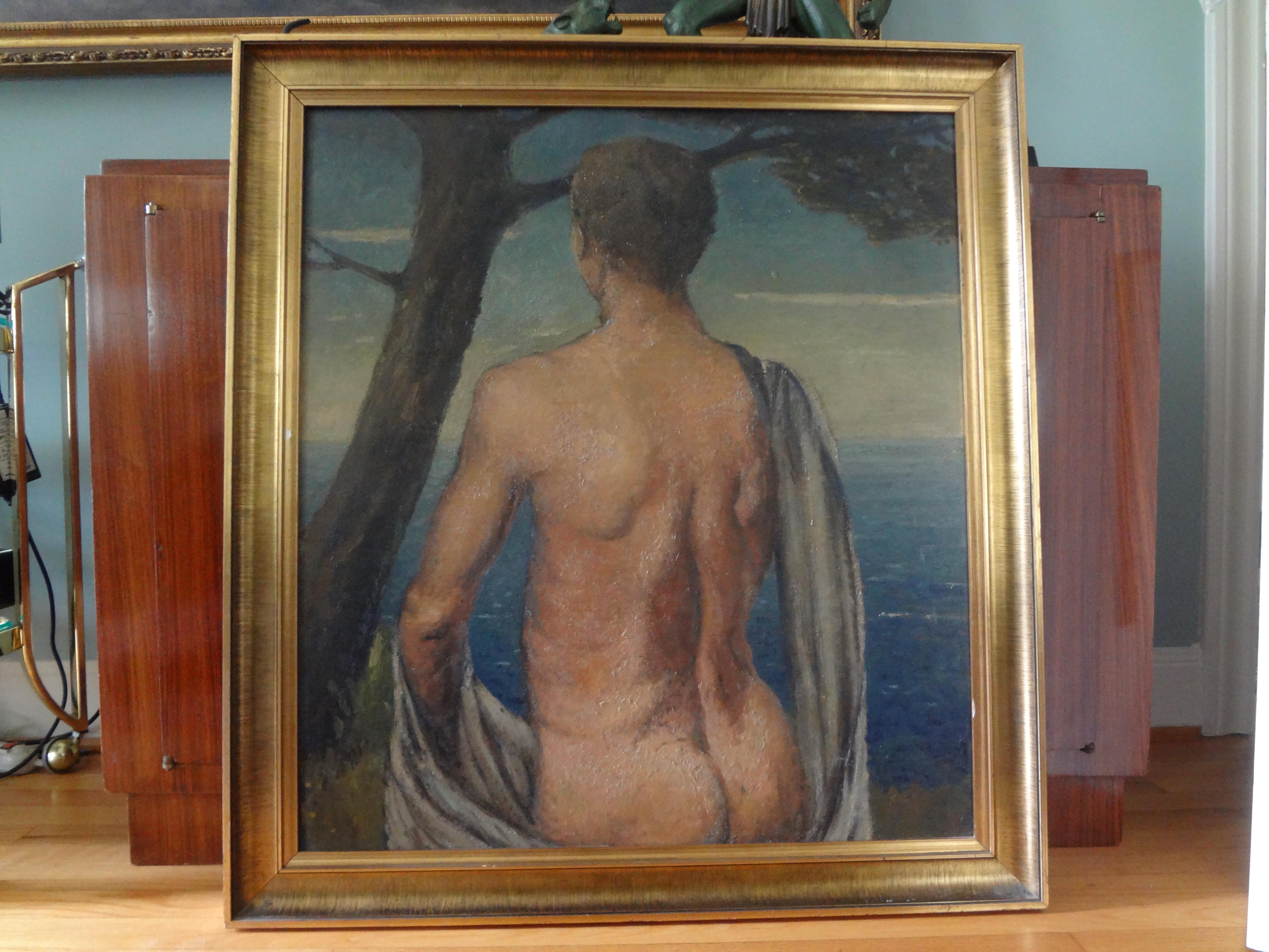 Italian Male Nude Oil Painting on Wood Panel, circa 1930 For Sale 4