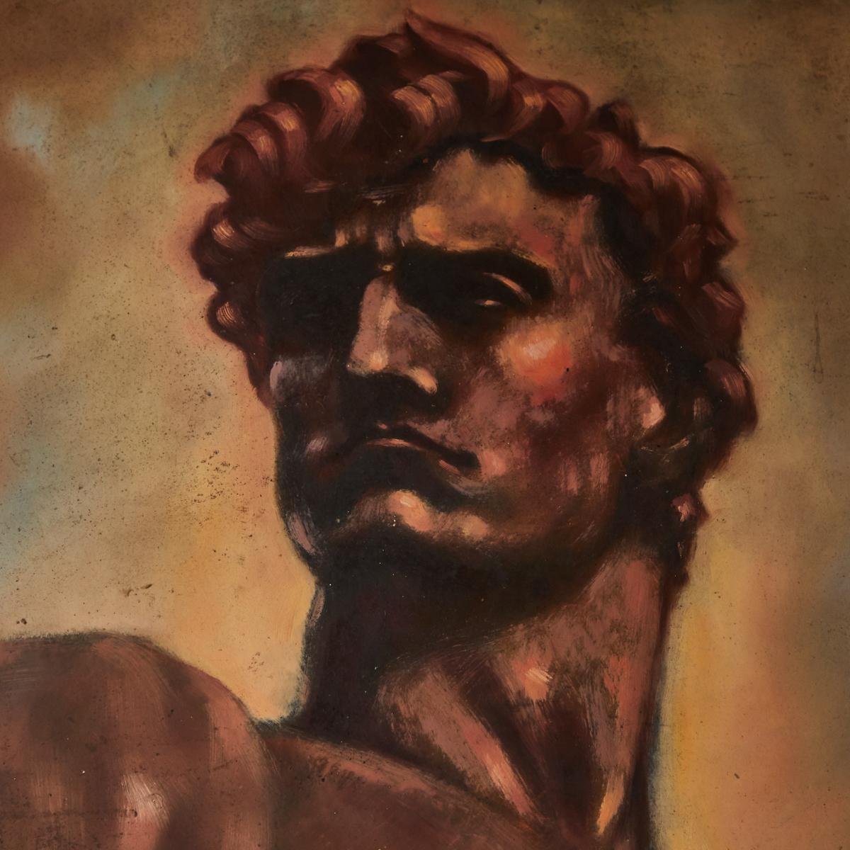 Italian male nude painting by artist Falfavino who was inspired by the body of Donatello's David. Painting measures 34