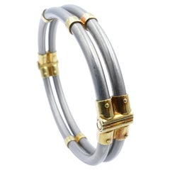 Italian Manufacture Contemporary Brushed Stainless Steel 18k Yellow Gold Bangle
