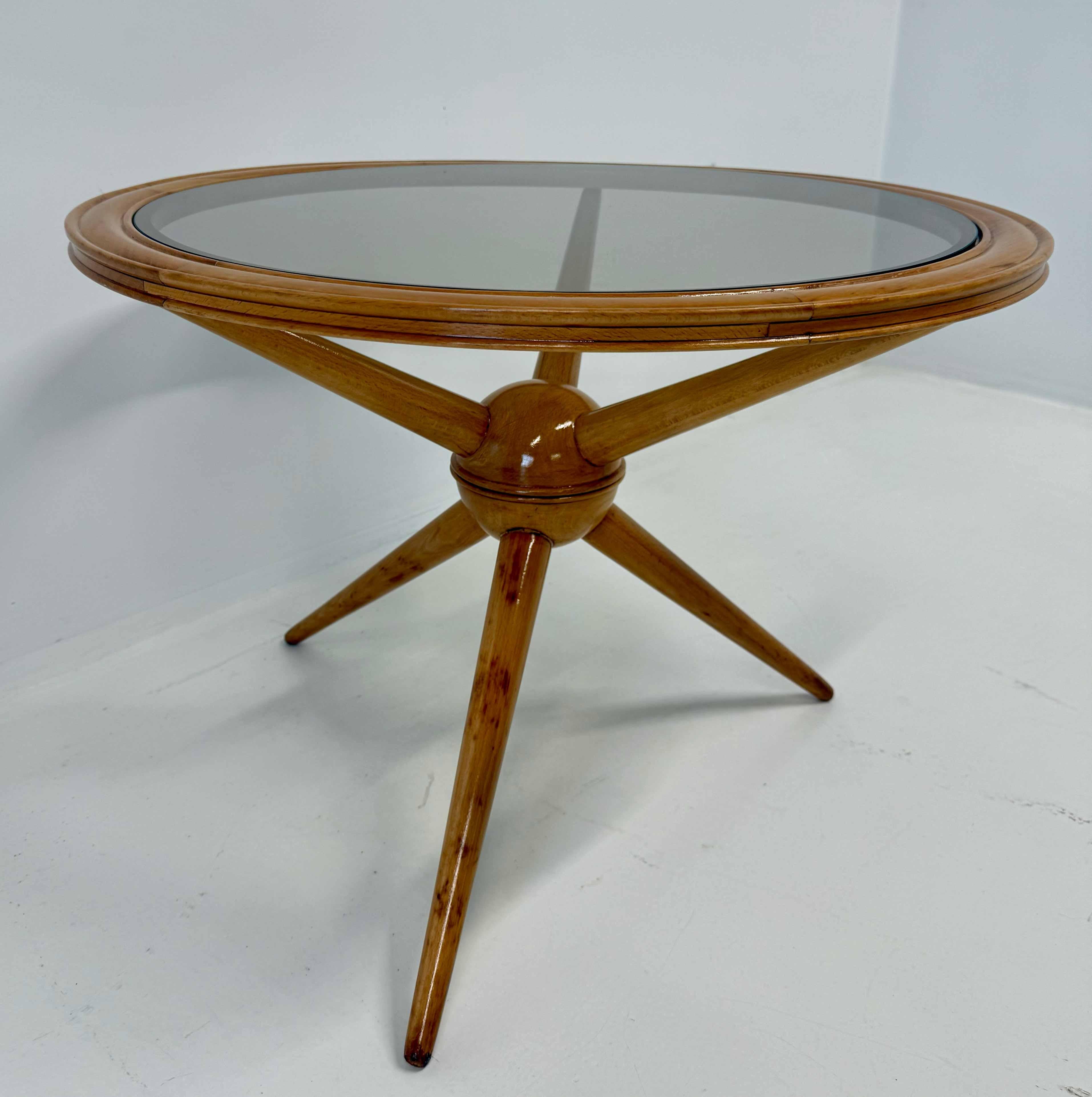 Mid-20th Century Italian Maple and Smoked Glass Coffee Table, Attrib. Cesare Lacca, 1950s For Sale
