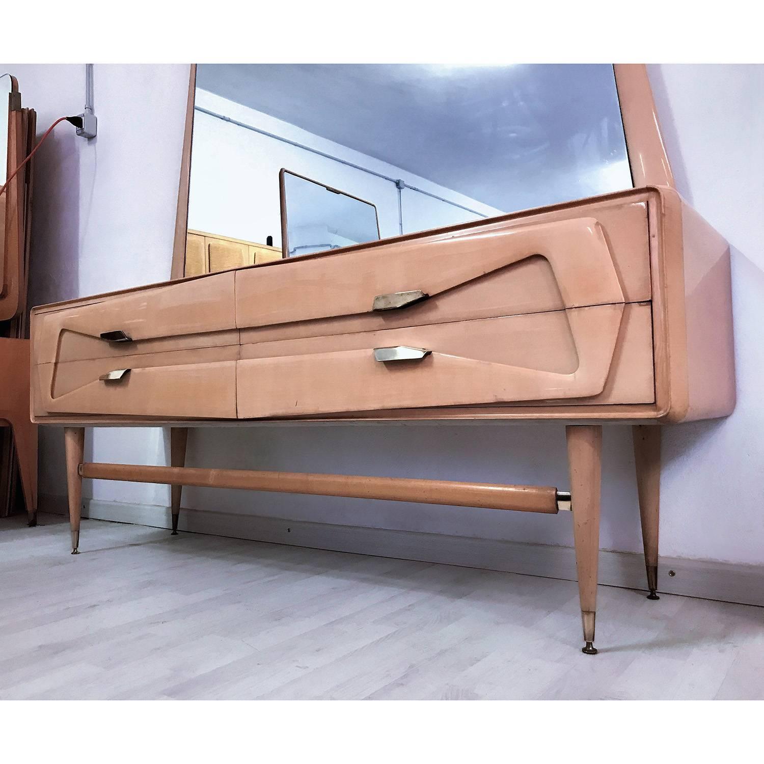 Veneer Italian Maple Dresser with Mirror attributed to Silvio Cavatorta, 1950s