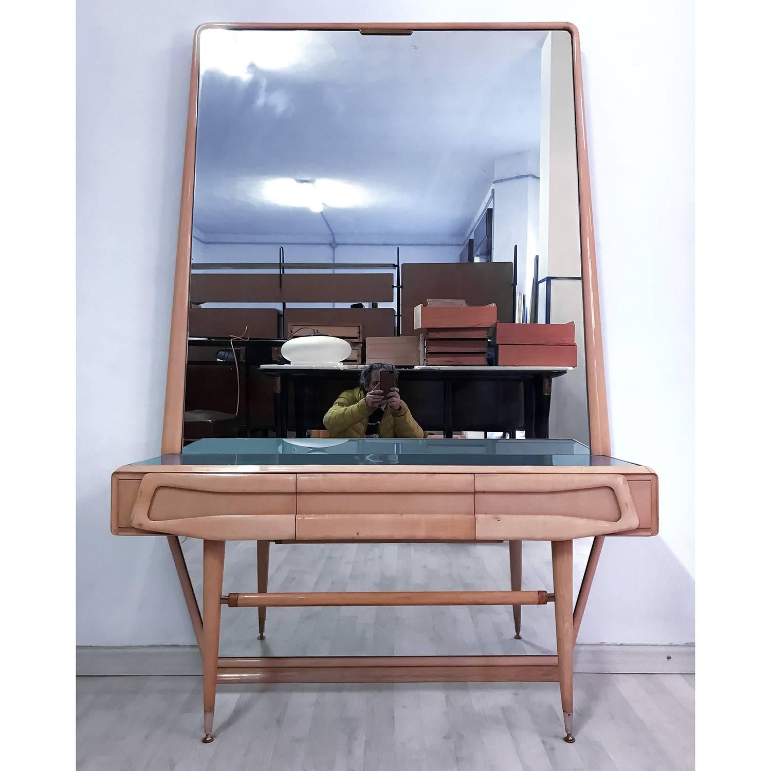 Veneer Italian Maple Vanity Dresser with Mirror attributed to Silvio Cavatorta, 1950s