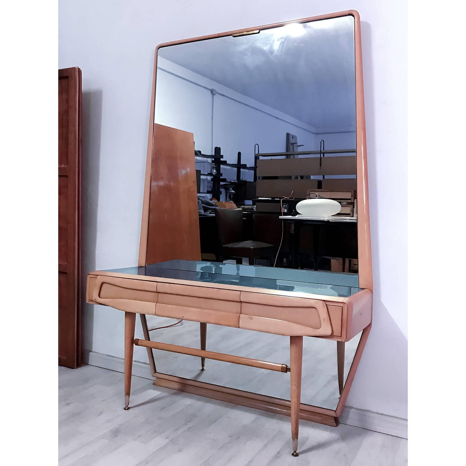 Mid-20th Century Italian Maple Vanity Dresser with Mirror attributed to Silvio Cavatorta, 1950s