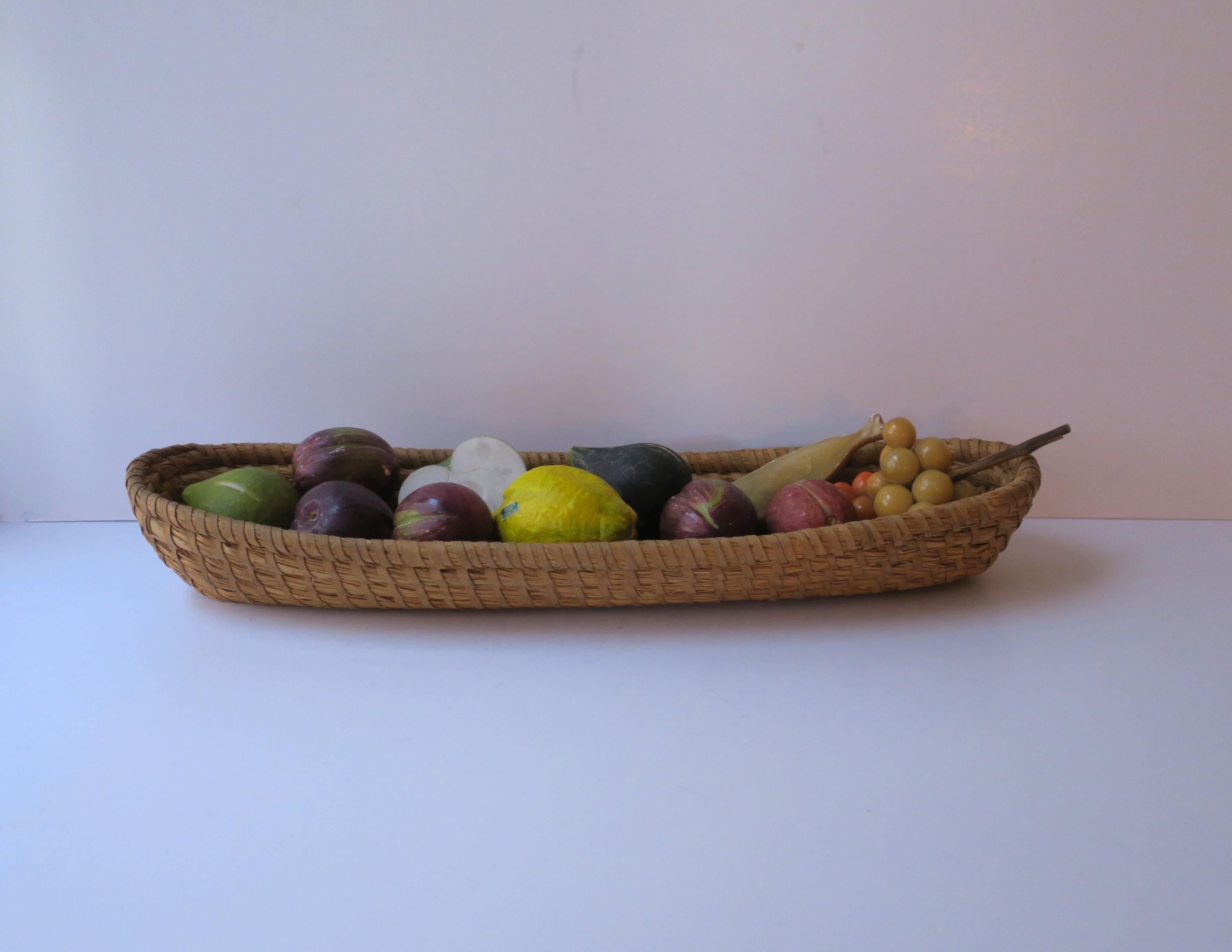 20th Century Italian Marble & Alabaster Stone Fruit Sculptures w/Wicker Basket, early 20th c