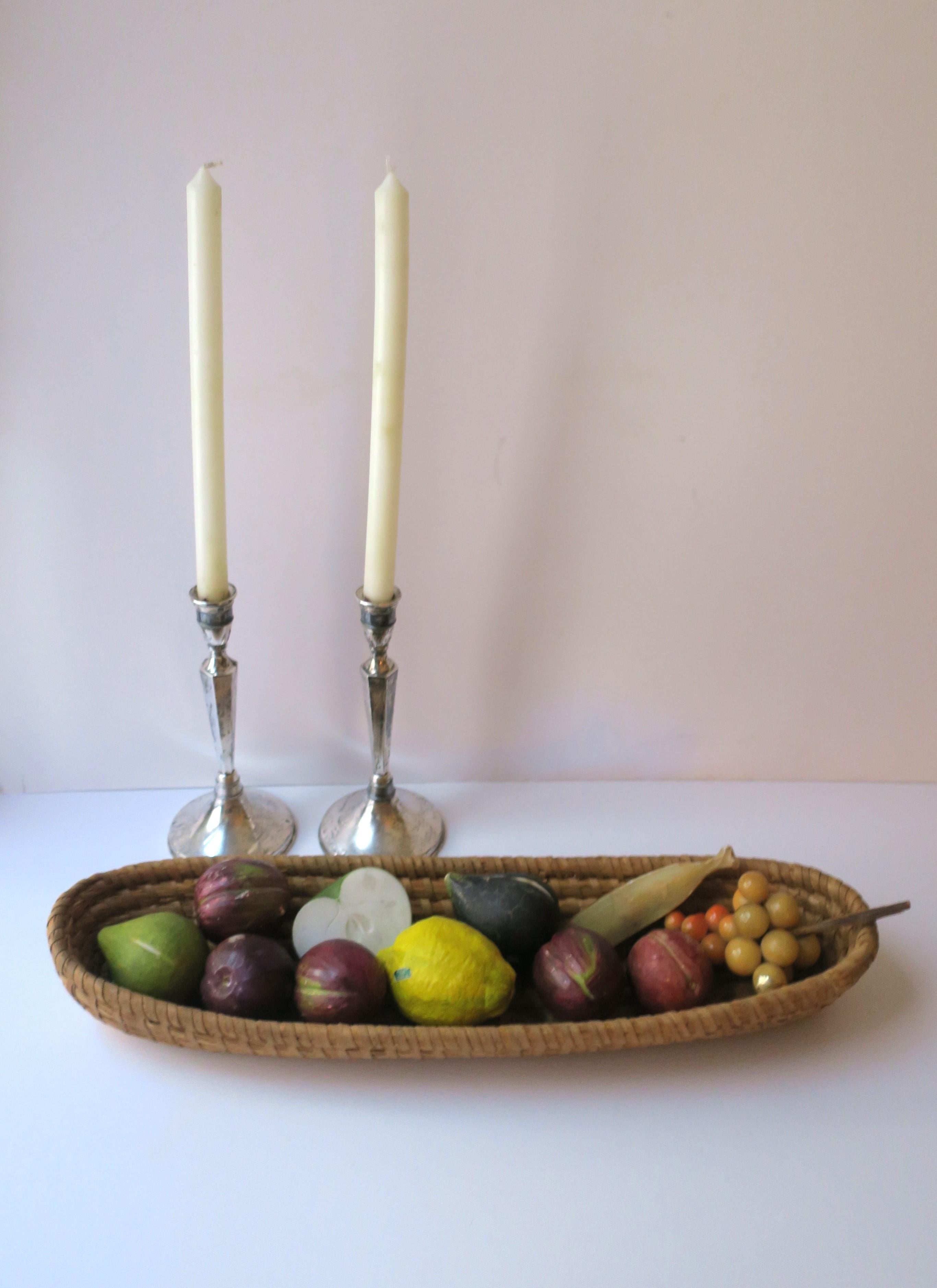Italian Marble & Alabaster Stone Fruit Sculptures w/Wicker Basket, early 20th c 1