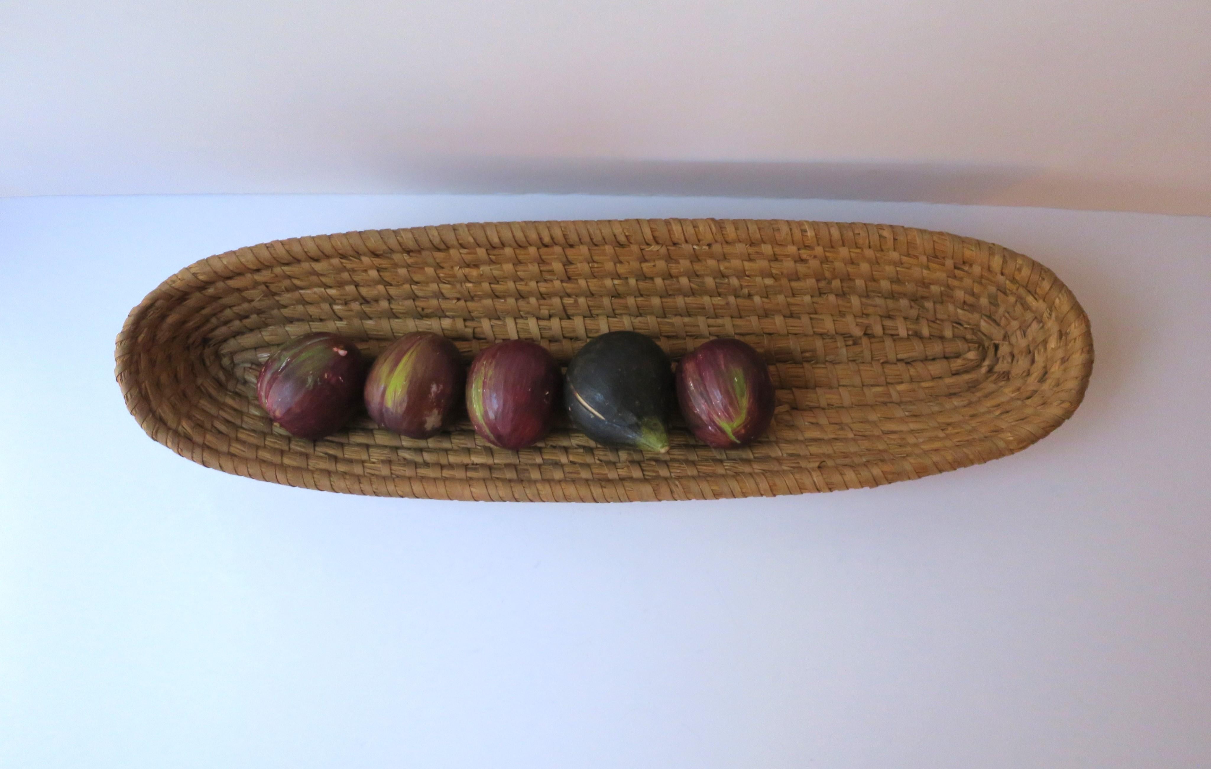 Italian Marble & Alabaster Stone Fruit Sculptures w/Wicker Basket, early 20th c 2