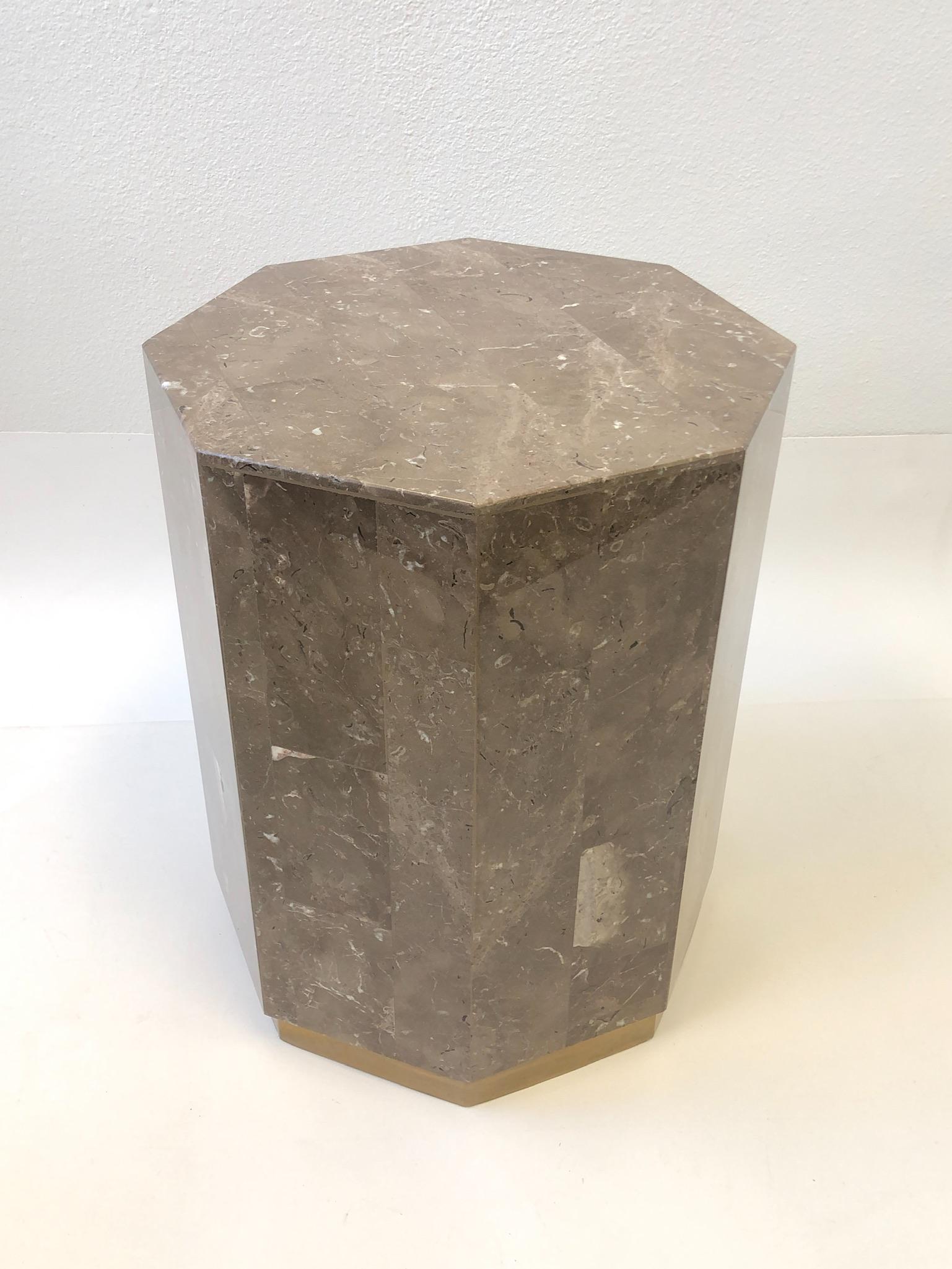 Polished Italian Marble and Brass Octagonal Shape Pedestal