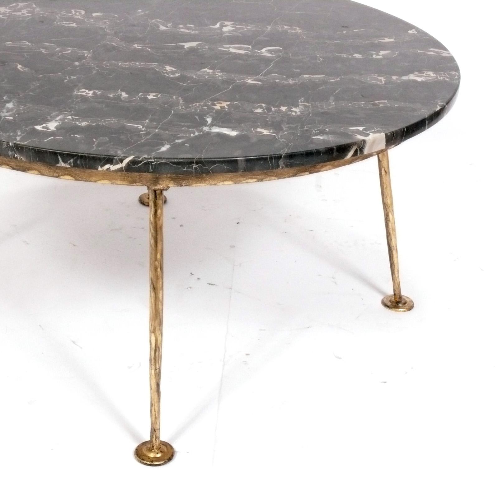 Italian Marble and Gilt Metal Coffee Table Mid Century Modern Gio Ponti Style In Good Condition For Sale In Atlanta, GA