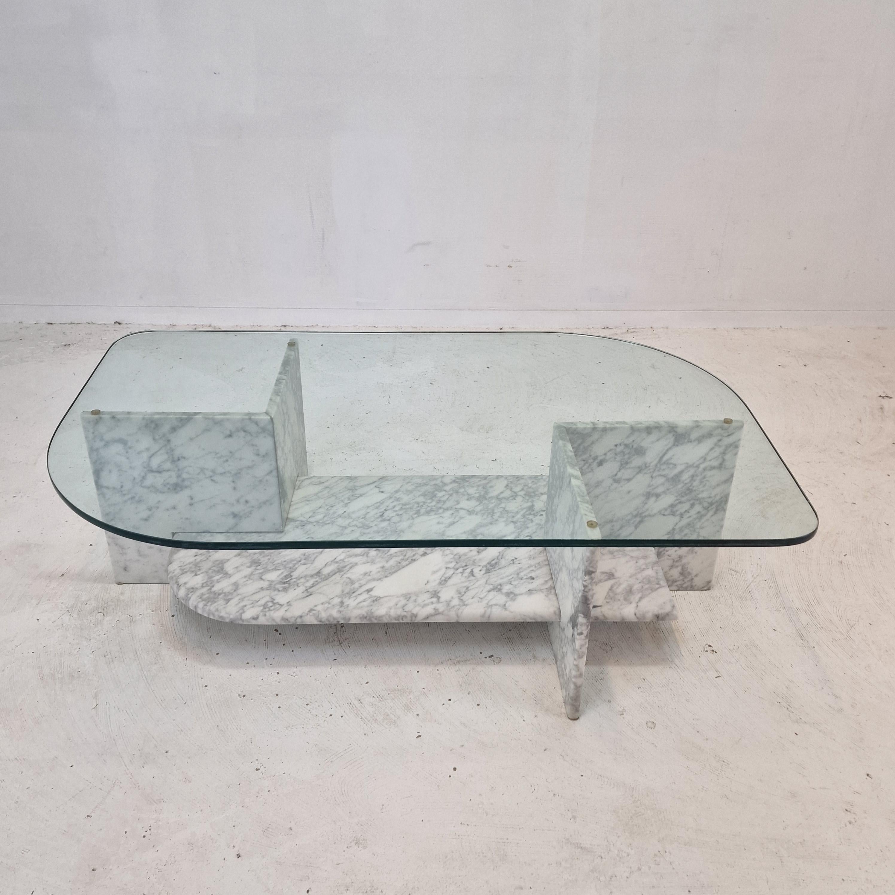 Hand-Crafted Italian Marble and Glass Coffee Table, 1980s For Sale