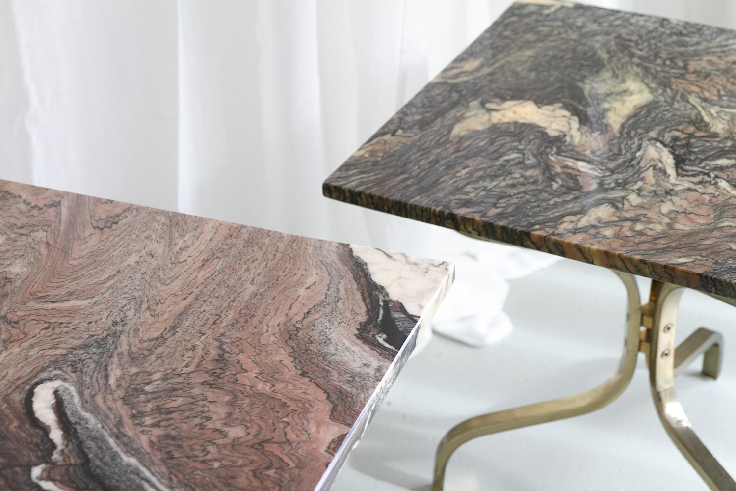 Hollywood Regency Italian Marble and Gold Side Tables, 1980s. Set of 2.  