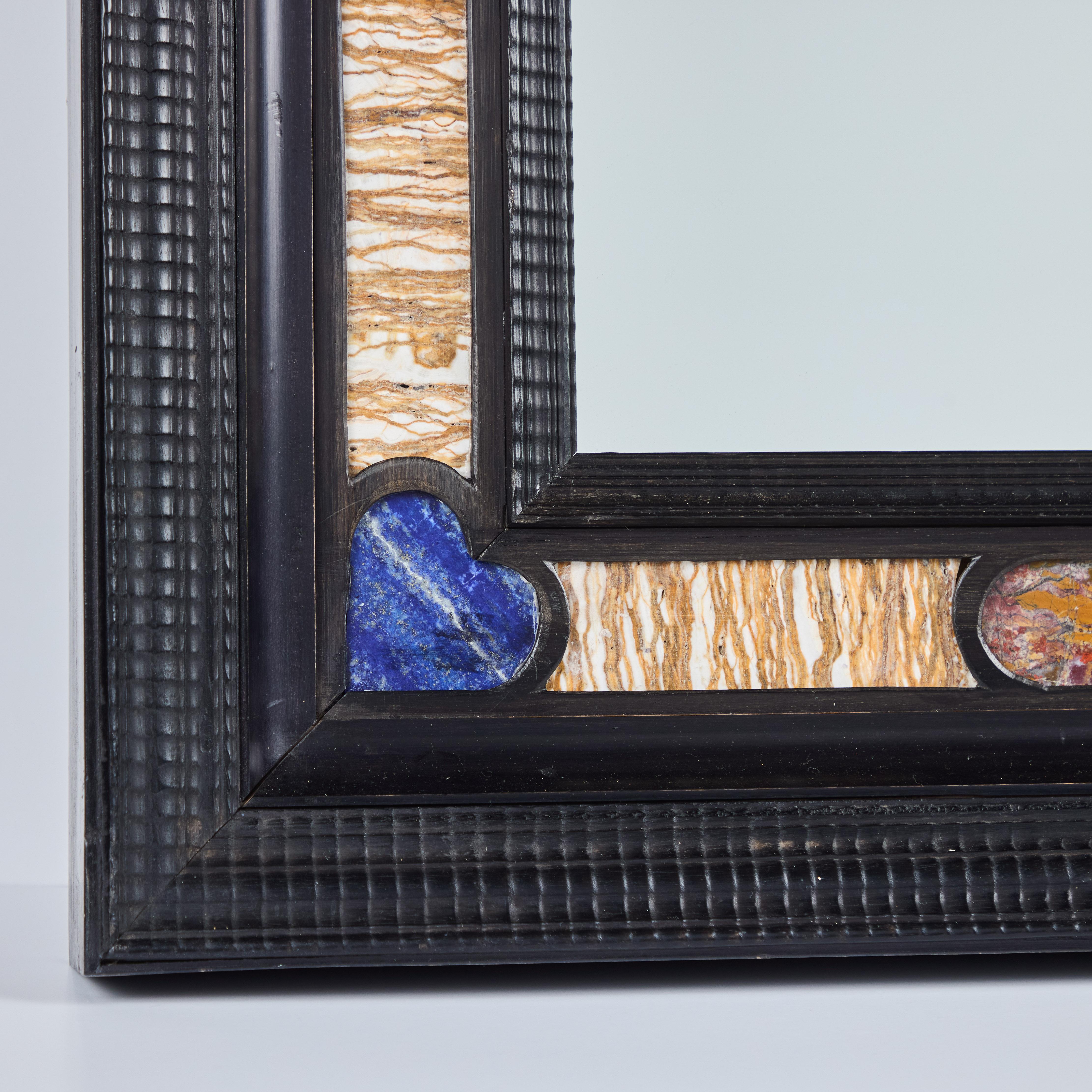 Italian Marble and Lapis Inset Ebonized Mirror Circa 1950's In Good Condition For Sale In Los Angeles, CA